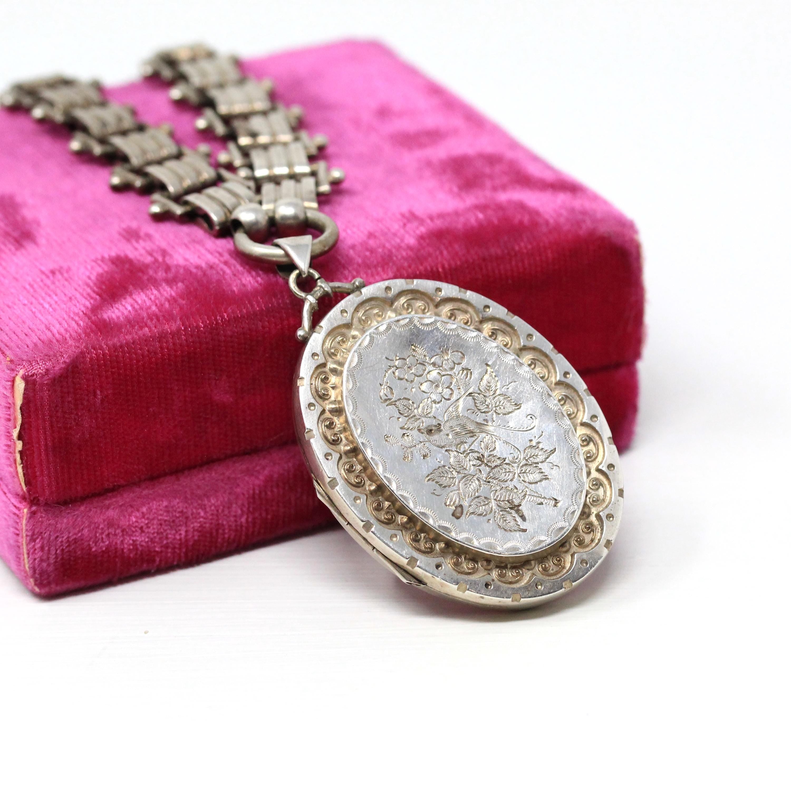 Antique Bird Locket - Victorian Sterling Silver Engraved Book Chain Necklace Pendant - Circa 1880s Era Swallow Large Photo Statement Jewelry