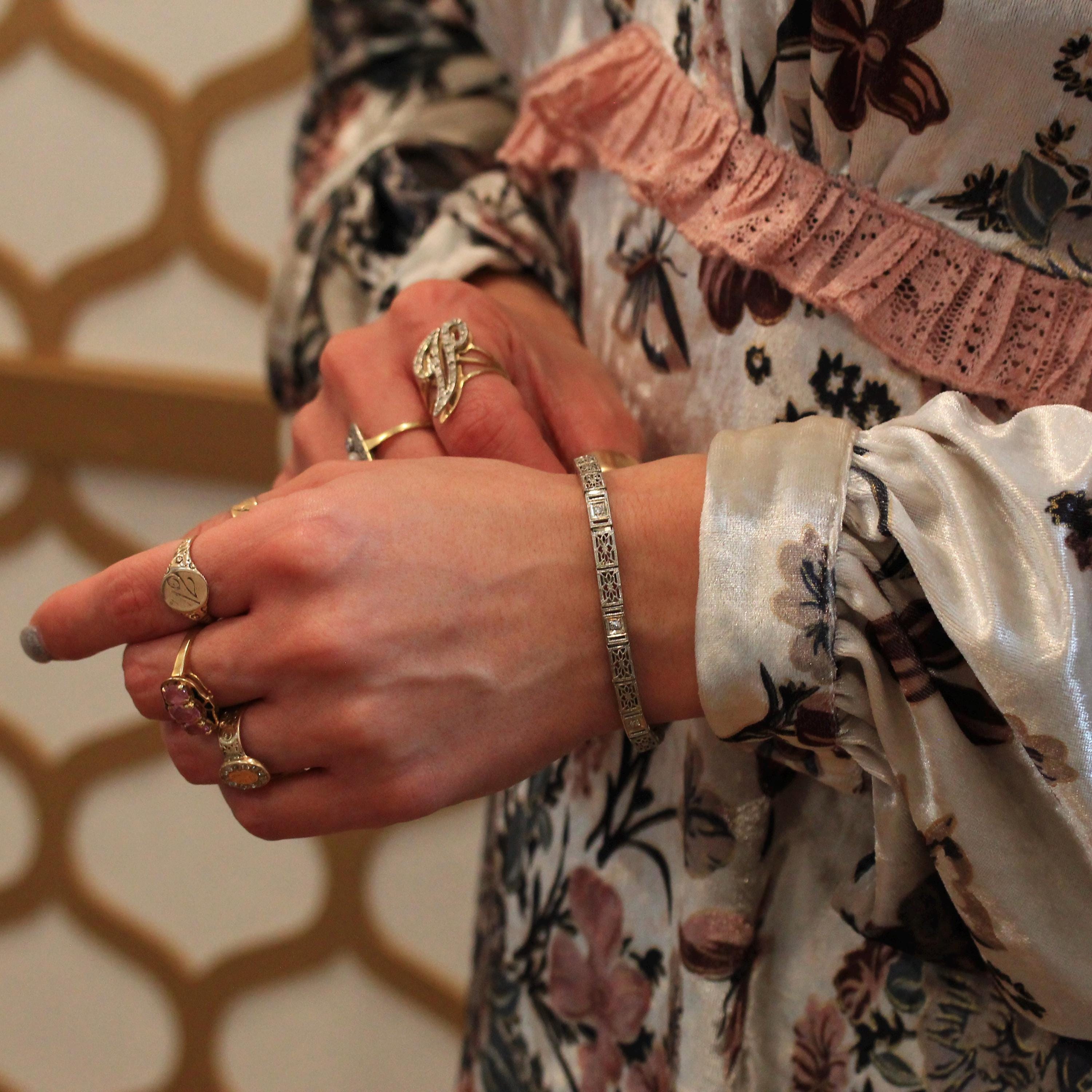 Art Deco Bracelet - Vintage 14k White Gold Flower Filigree .06 CTW Diamonds - Circa 1930s Line Tennis Style Fashion Accessory Fine Jewelry