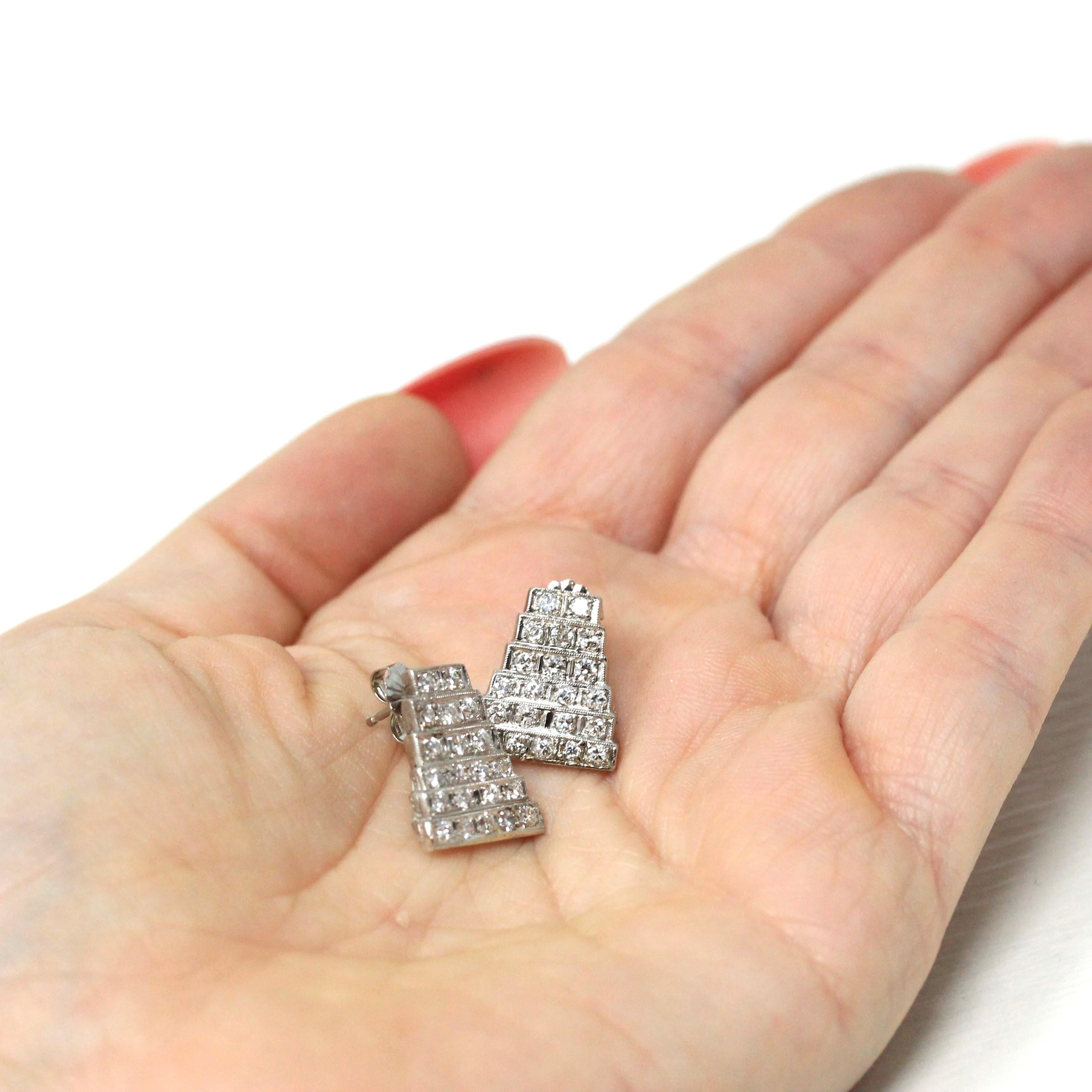 Diamond Conversion Earrings - Art Deco Platinum 1.05 CTW Diamond Geometric Shield Posts - Circa 1920s Fine Bridal Wedding Accessory Jewelry