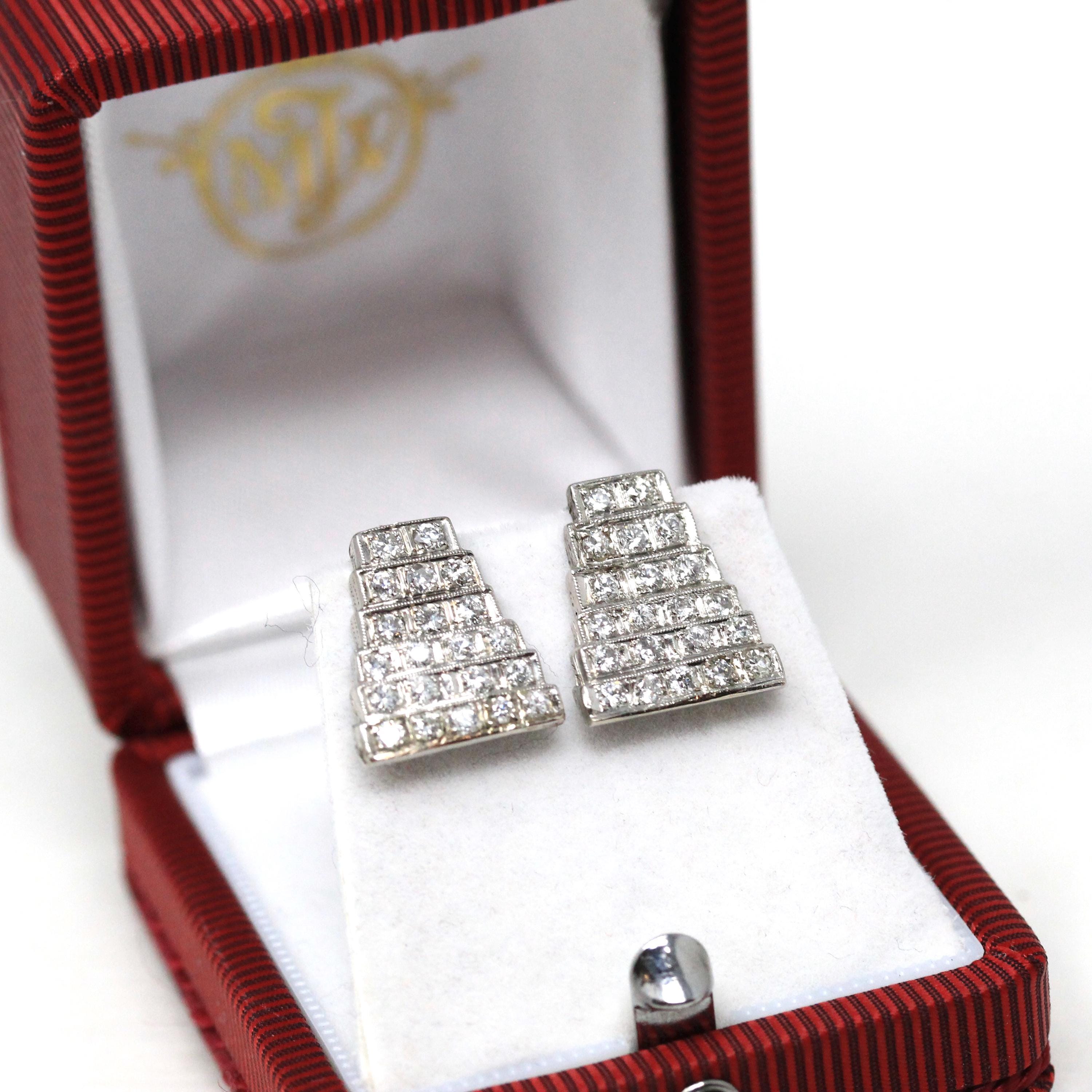 Diamond Conversion Earrings - Art Deco Platinum 1.05 CTW Diamond Geometric Shield Posts - Circa 1920s Fine Bridal Wedding Accessory Jewelry