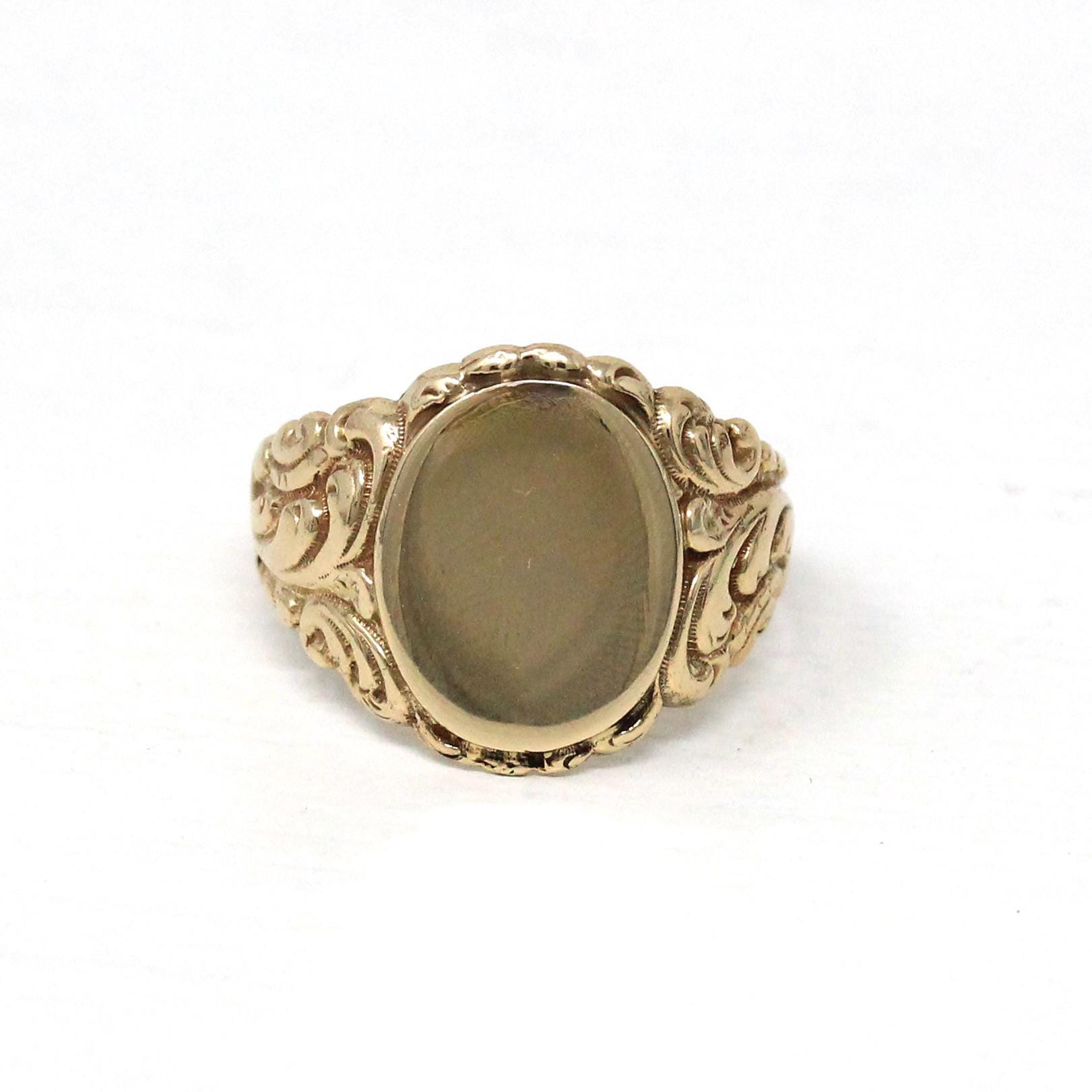 Antique Signet Ring - Edwardian Era 10k Yellow Gold Oval Blank Initials Band - Circa 1900s Era Size 8 3/4 Personalize Engraved Fine Jewelry
