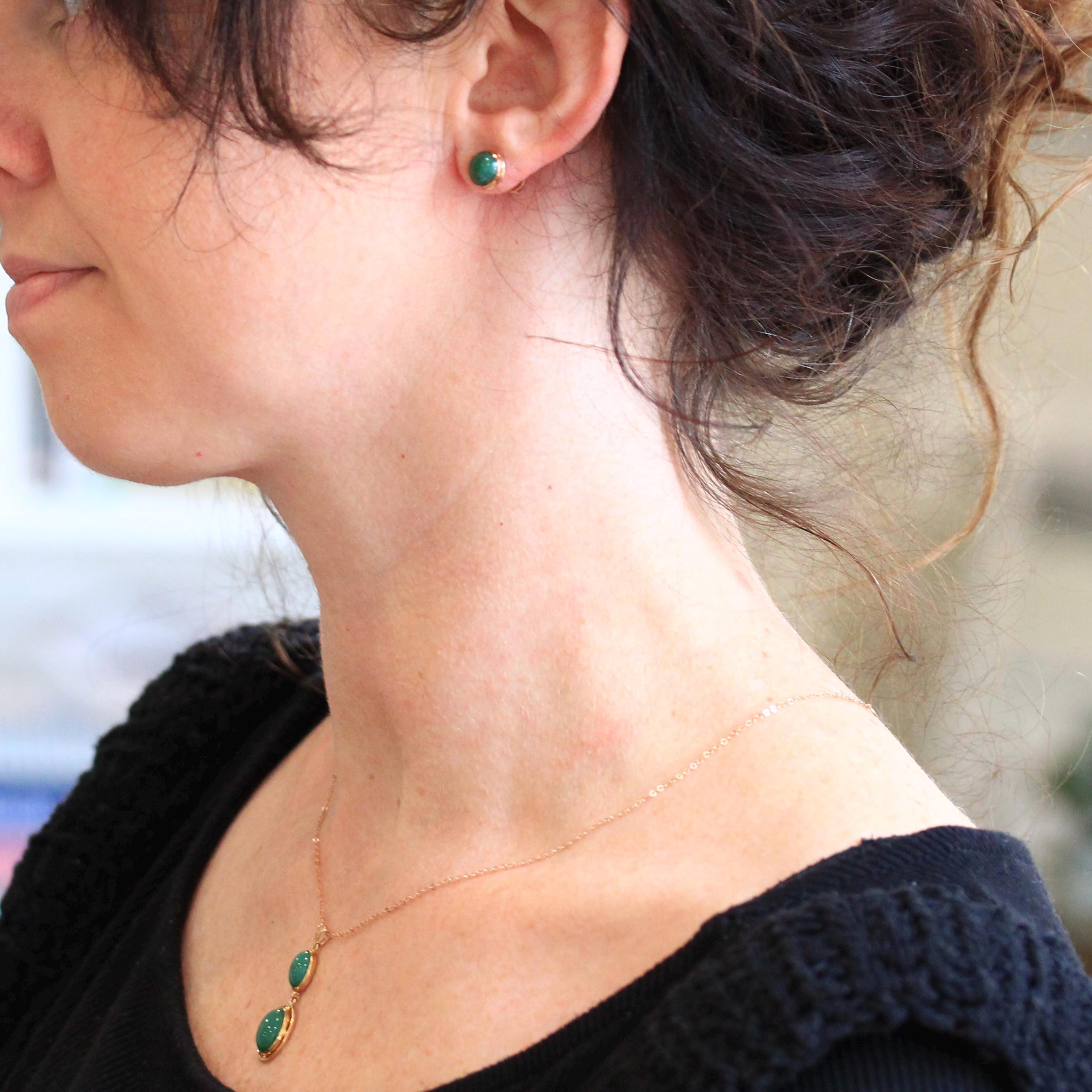 Chrome Chalcedony Jewelry Set - Edwardian 10k Yellow Gold Green Gemstone Necklace Earrings - Vintage Circa 1910s Thread Back Fine Jewelry