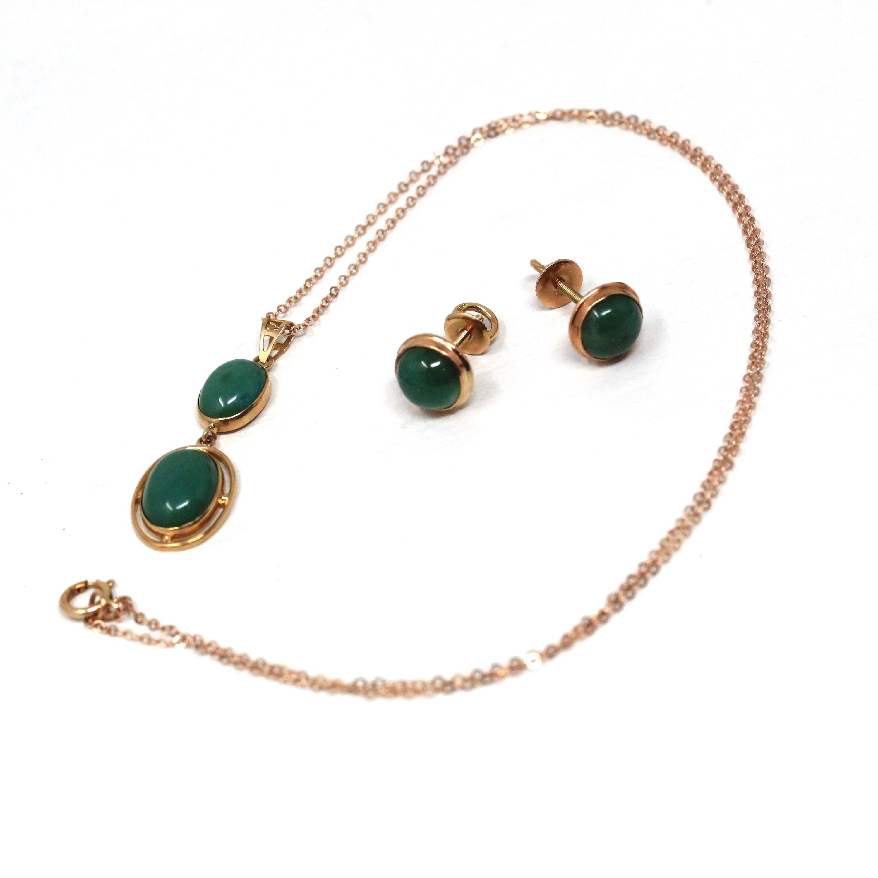 Chrome Chalcedony Jewelry Set - Edwardian 10k Yellow Gold Green Gemstone Necklace Earrings - Vintage Circa 1910s Thread Back Fine Jewelry