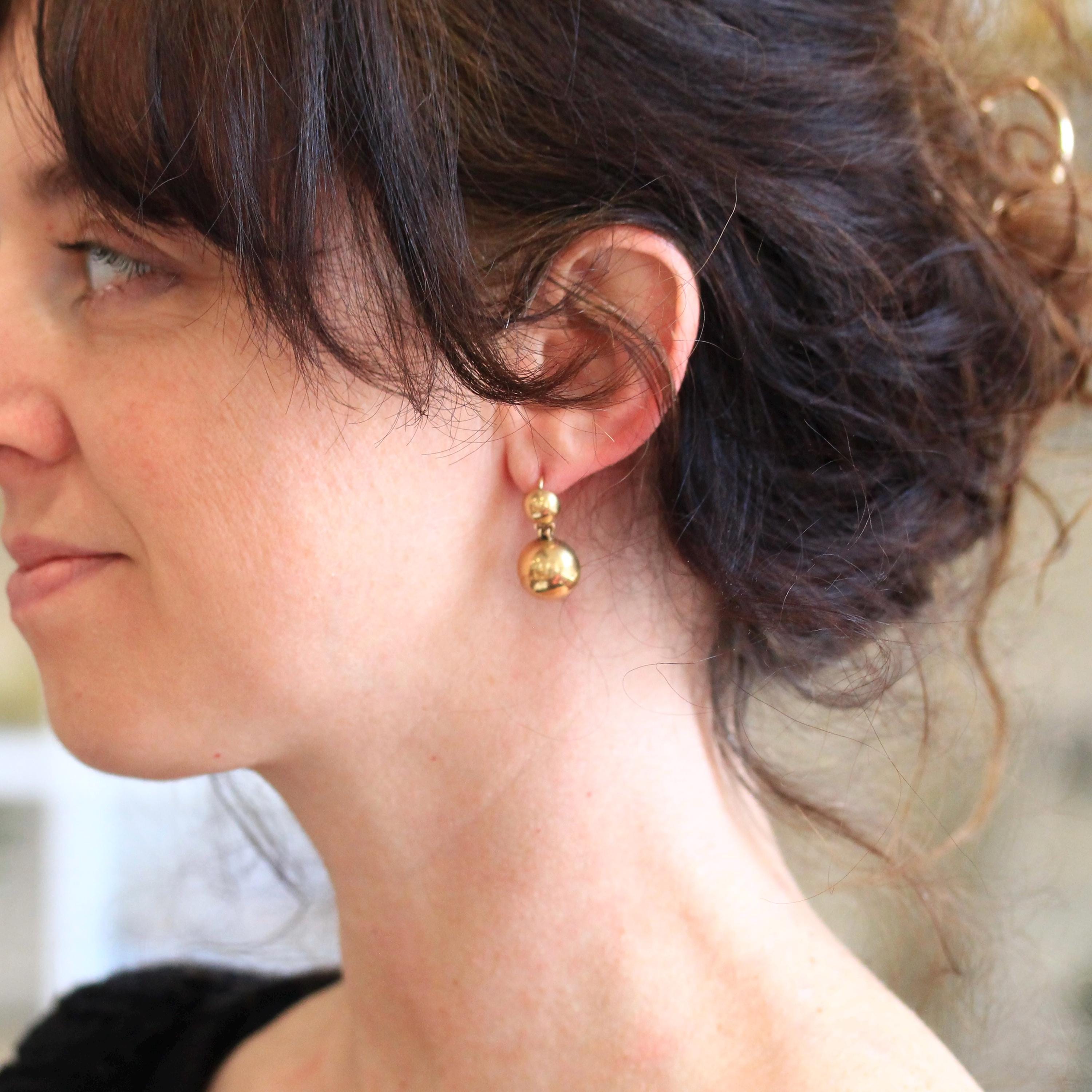 Victorian Drop Earrings - Antique 14k Yellow Gold Round Ball Dangle Wire Hooks - Vintage Late 1800s Era Hanging Fine 19th Century Jewelry