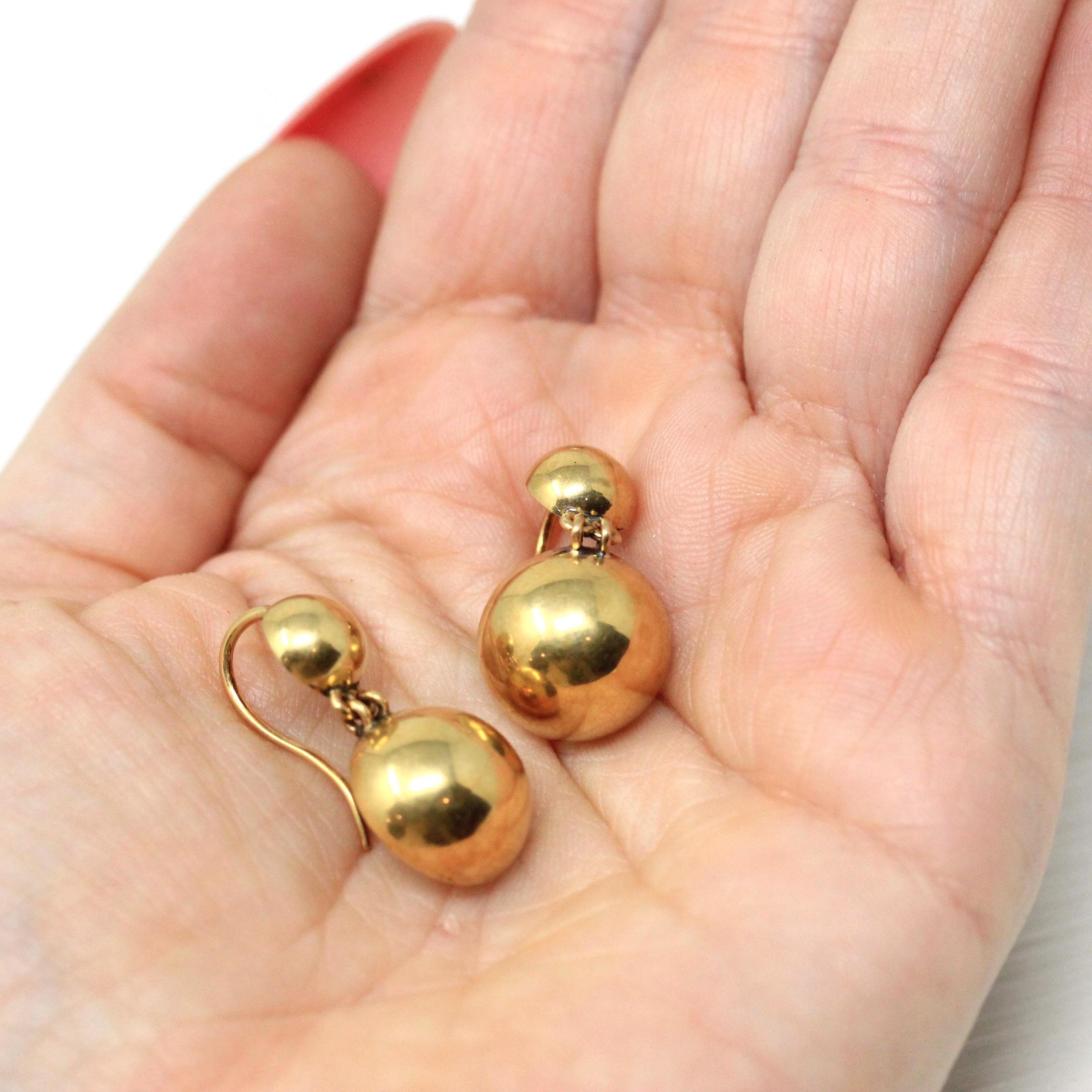 Victorian Drop Earrings - Antique 14k Yellow Gold Round Ball Dangle Wire Hooks - Vintage Late 1800s Era Hanging Fine 19th Century Jewelry
