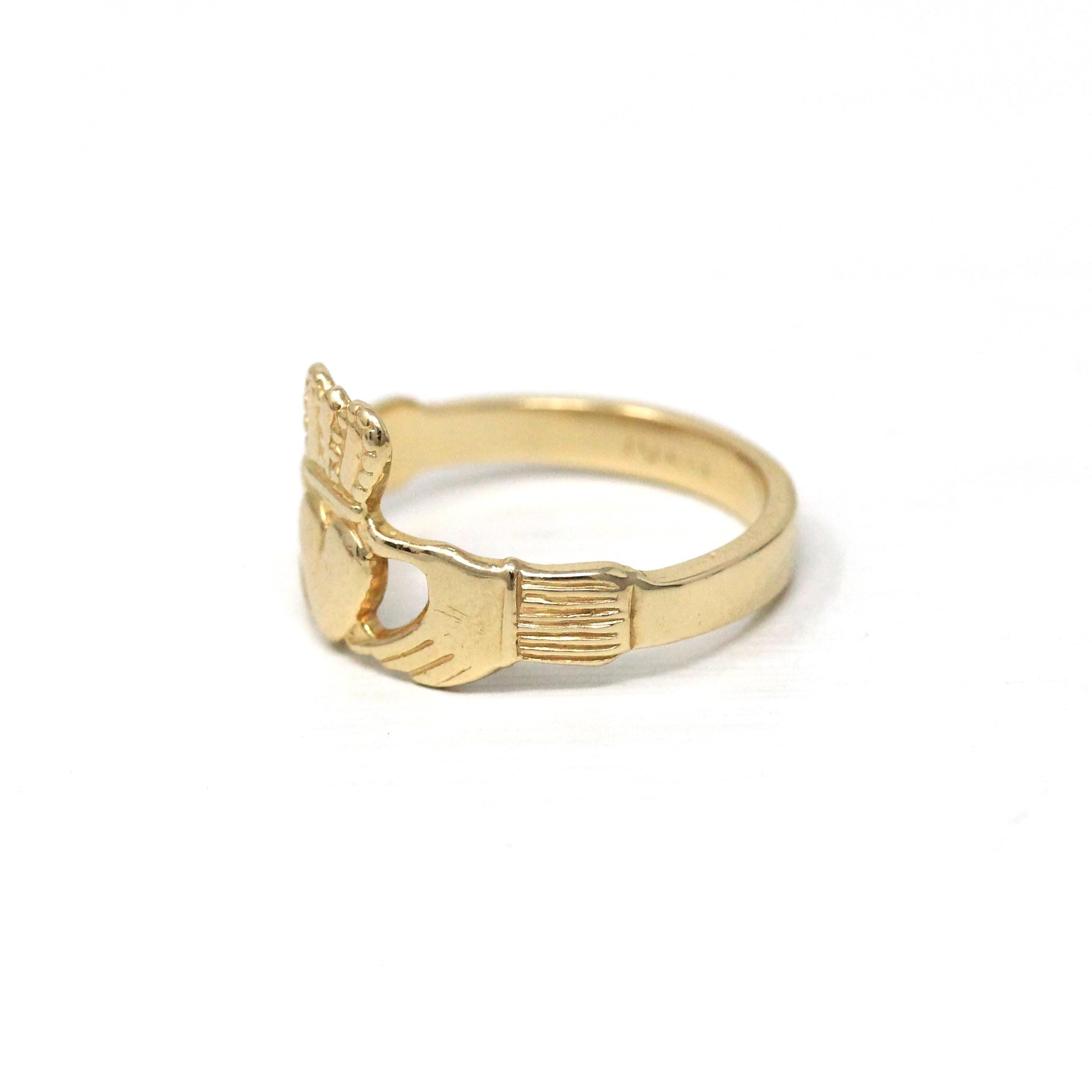 Modern Claddagh Ring - Estate 14k Yellow Gold Heart Clasped Hand Crown - Size 5 1/2 Friendship Love Loyalty Irish Fine Statement Jewelry