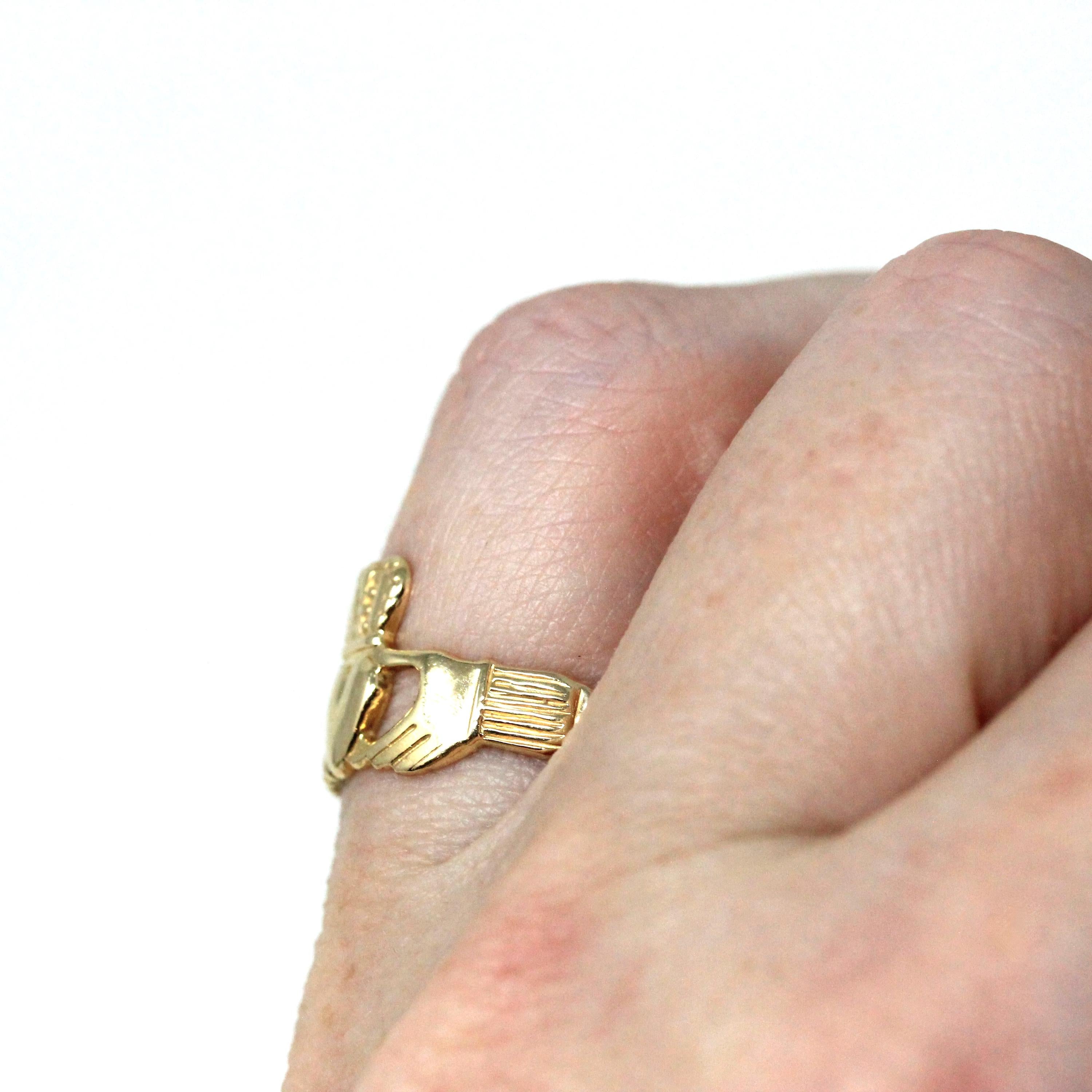 Modern Claddagh Ring - Estate 14k Yellow Gold Heart Clasped Hand Crown - Size 5 1/2 Friendship Love Loyalty Irish Fine Statement Jewelry