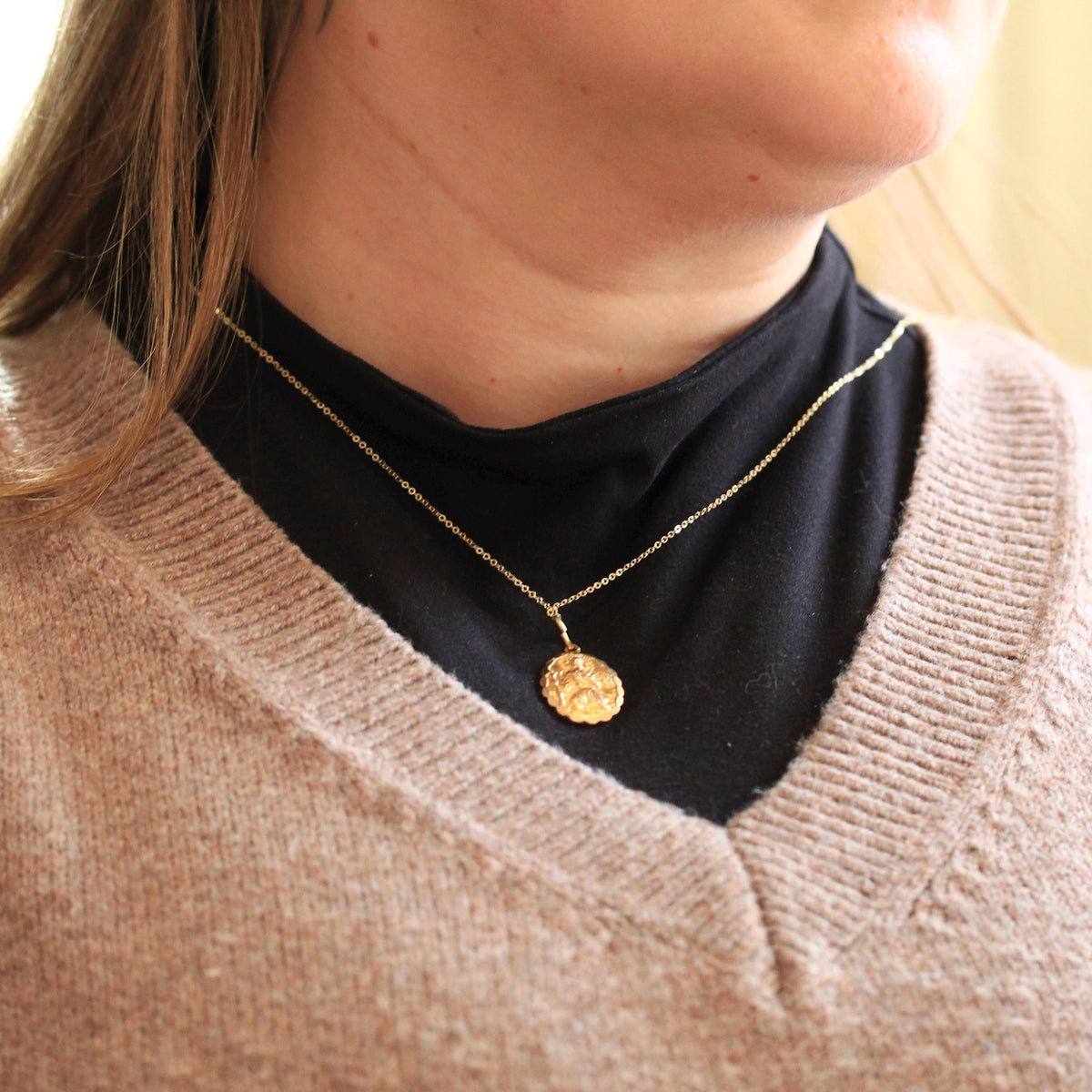 Saint Christopher Pendant - Retro 9k Yellow Gold Charm Necklace - Vintage 1970s Era Christian Patron Saint Of Travelers Georg Jensen Jewelry