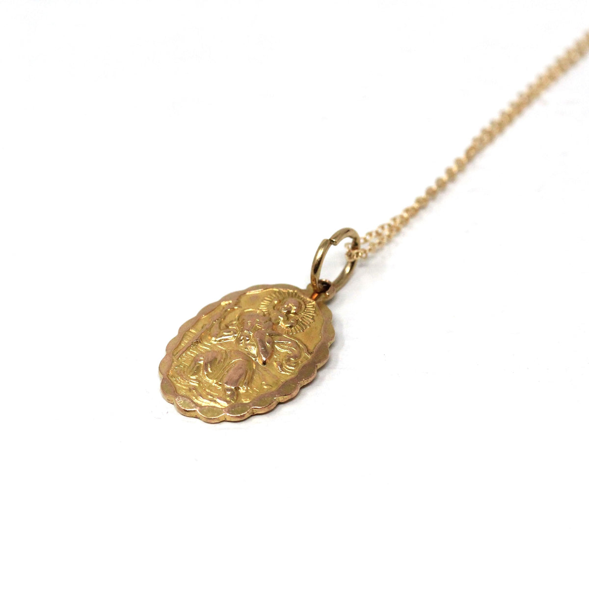 Saint Christopher Pendant - Retro 9k Yellow Gold Charm Necklace - Vintage 1970s Era Christian Patron Saint Of Travelers Georg Jensen Jewelry