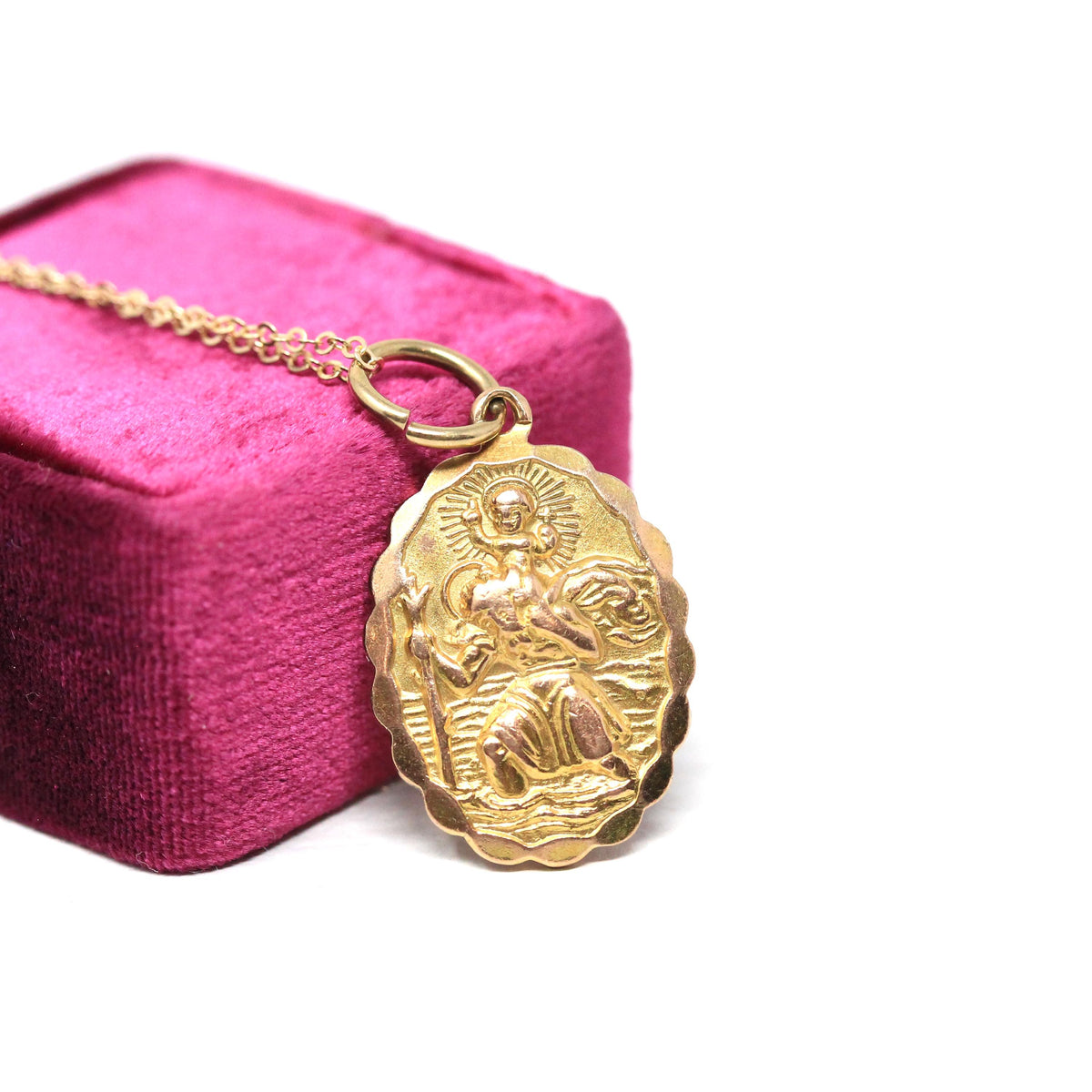 Saint Christopher Pendant - Retro 9k Yellow Gold Charm Necklace - Vintage 1970s Era Christian Patron Saint Of Travelers Georg Jensen Jewelry