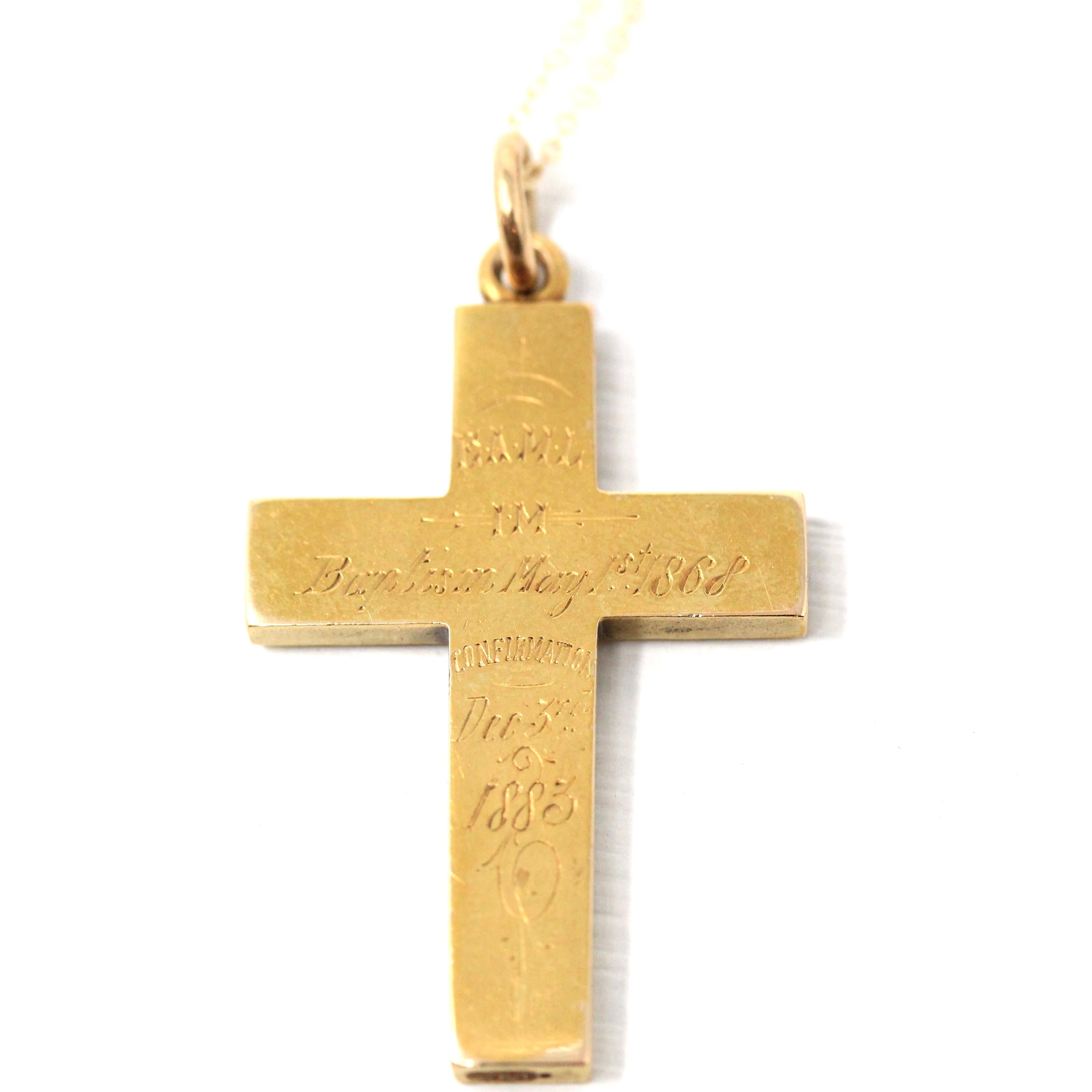Antique Cross Pendant - Victorian 15ct Yellow Gold Religious Engraved Charm Necklace - Vintage 1800s Confirmation Faith Baptism Fine Jewelry