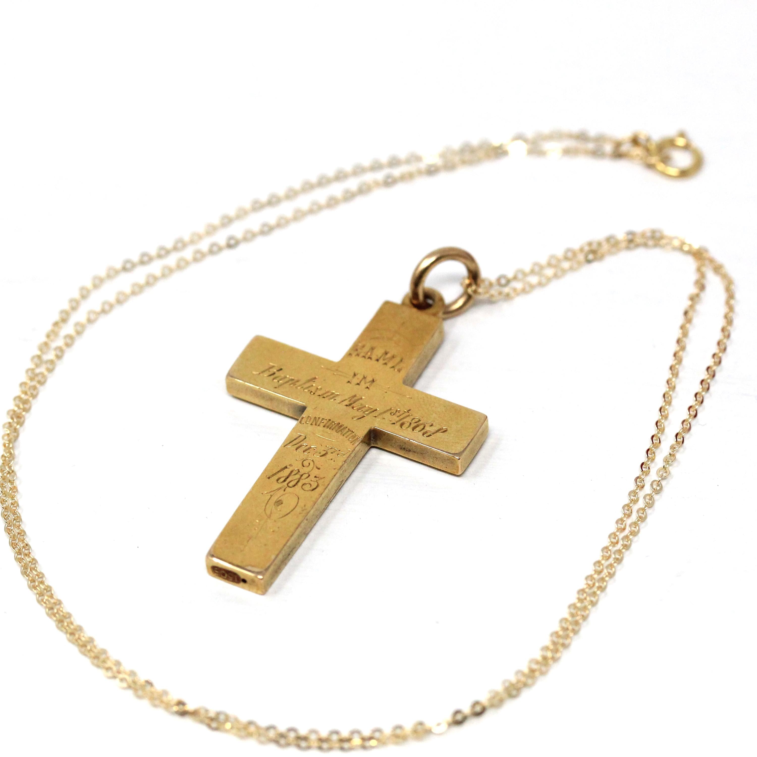 Antique Cross Pendant - Victorian 15ct Yellow Gold Religious Engraved Charm Necklace - Vintage 1800s Confirmation Faith Baptism Fine Jewelry