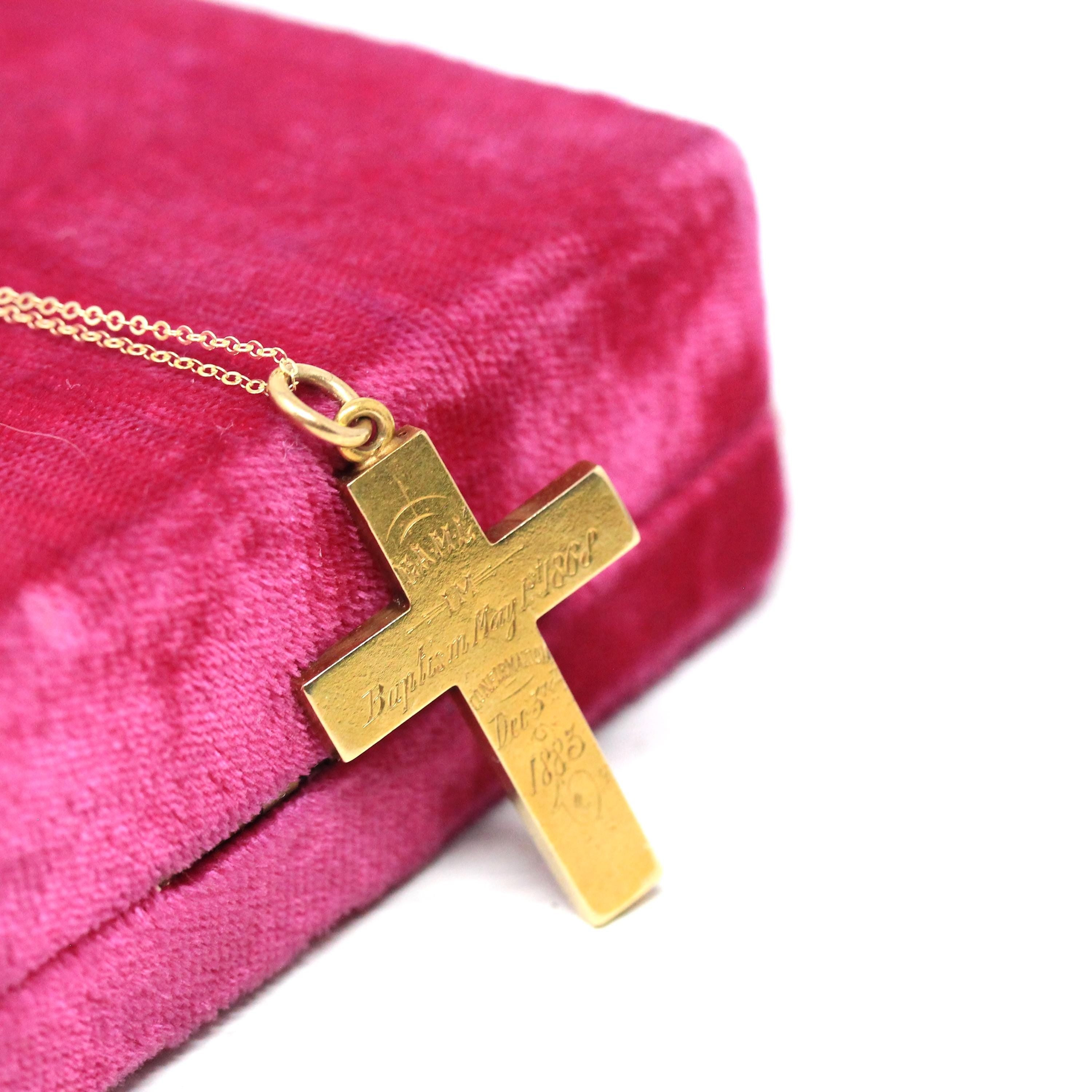 Antique Cross Pendant - Victorian 15ct Yellow Gold Religious Engraved Charm Necklace - Vintage 1800s Confirmation Faith Baptism Fine Jewelry