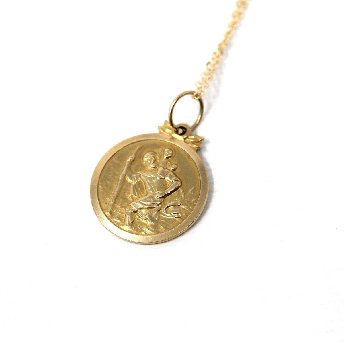 Saint Christopher Pendant - Retro 9k Yellow Gold Charm Necklace - Vintage Hallmarked 1966 Christian Patron Saint Of Travelers London Jewelry