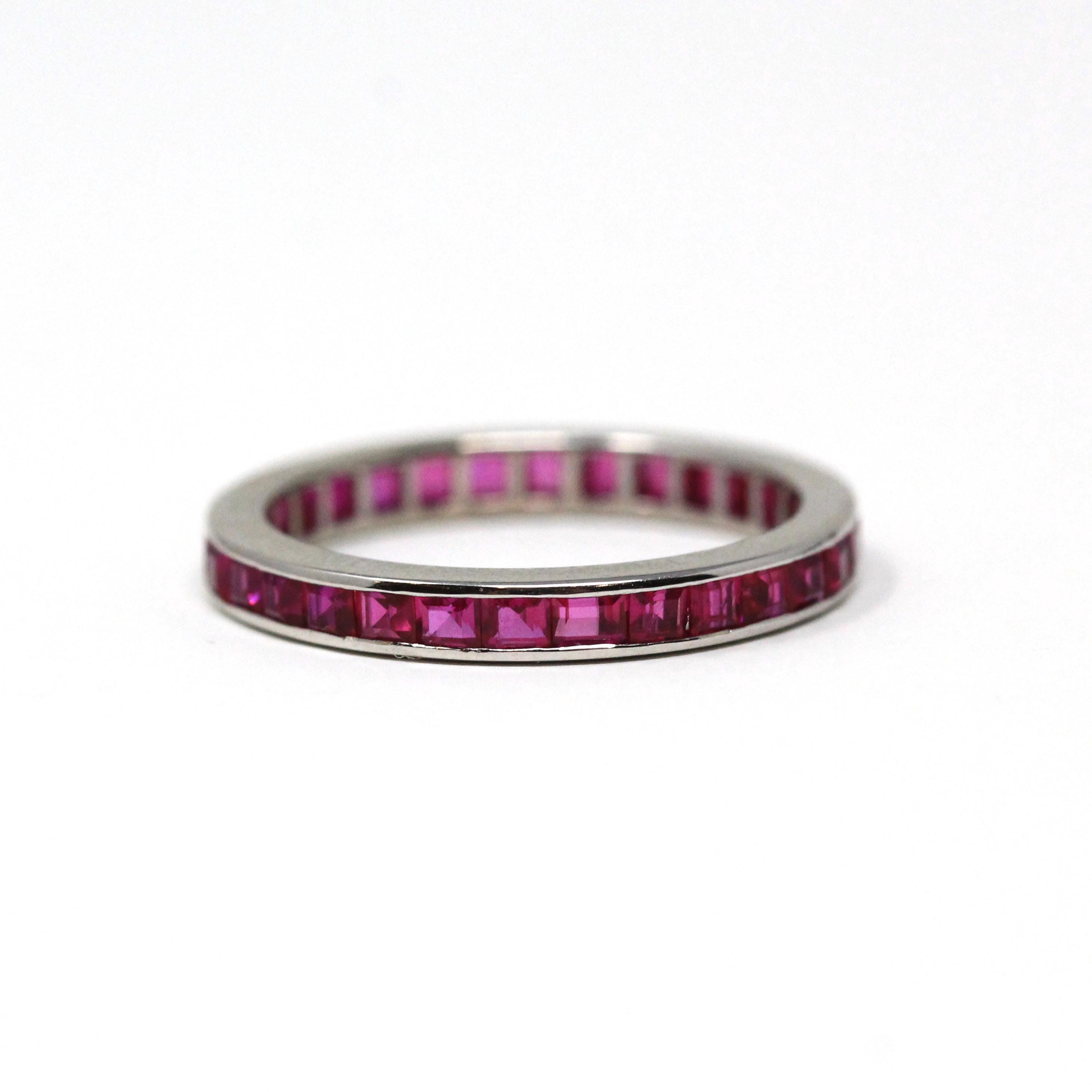 Eternity Gemstone Band - Modern 10k White Gold Created Red Gemstones Ring - Estate Size 6 1/4 Wedding Anniversary Fine Stacking Gems Jewelry