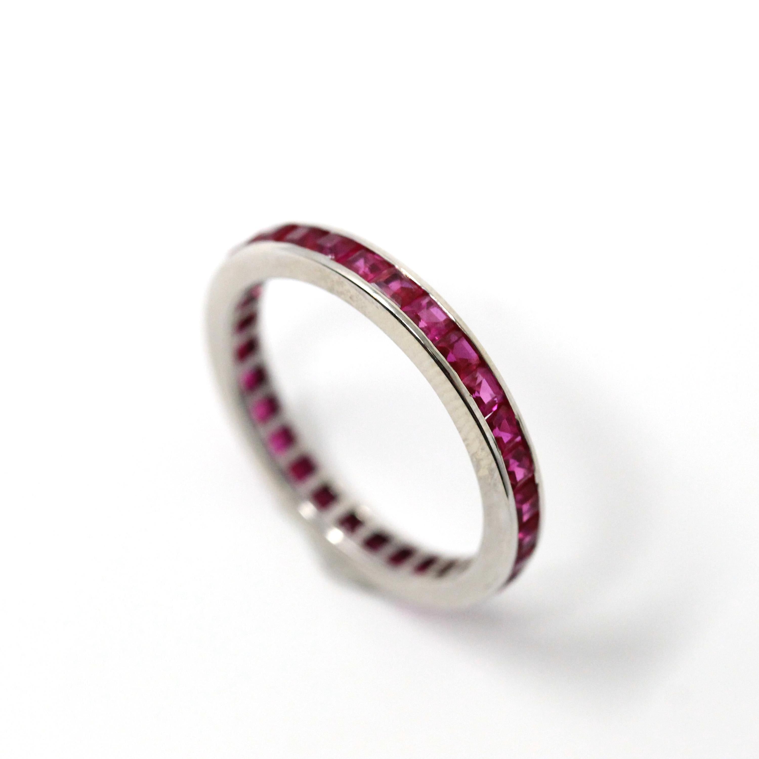 Eternity Gemstone Band - Modern 10k White Gold Created Red Gemstones Ring - Estate Size 6 1/4 Wedding Anniversary Fine Stacking Gems Jewelry