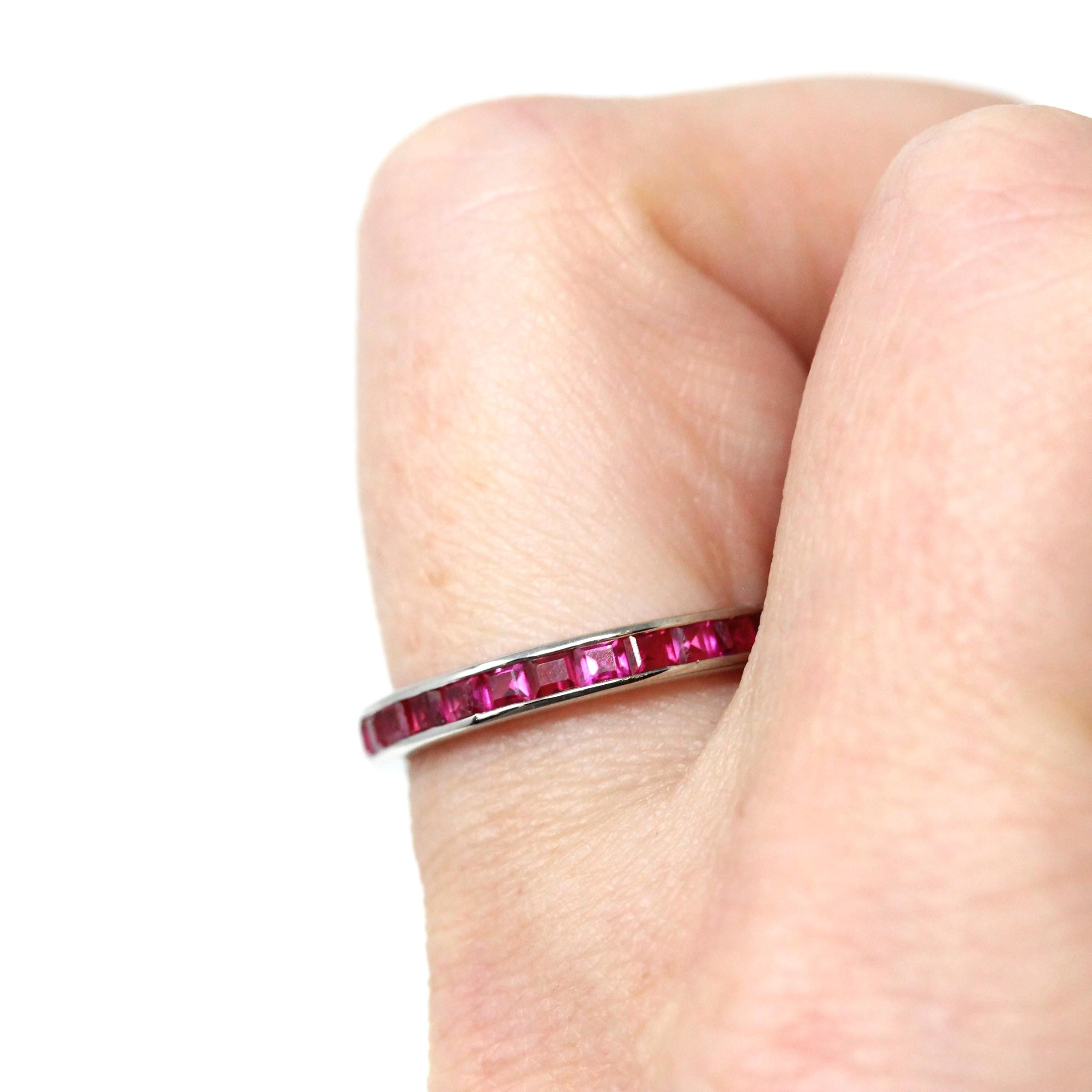 Eternity Gemstone Band - Modern 10k White Gold Created Red Gemstones Ring - Estate Size 6 1/4 Wedding Anniversary Fine Stacking Gems Jewelry