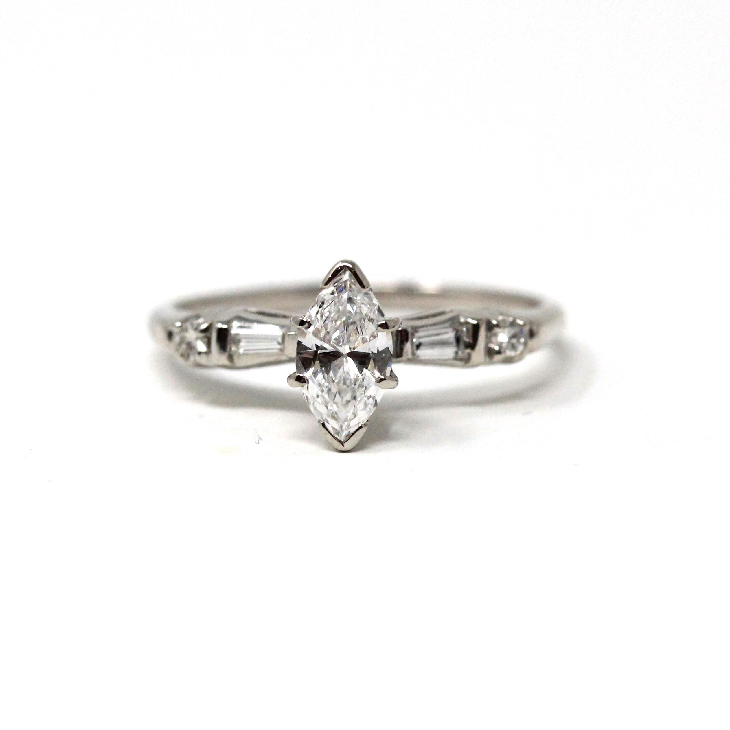 Marquise Diamond Engagement Ring - Mid Century 14k White Gold Natural Gemstones - Vintage Circa 1960s Size 6 Bridal Fine Jewelry W/ Report