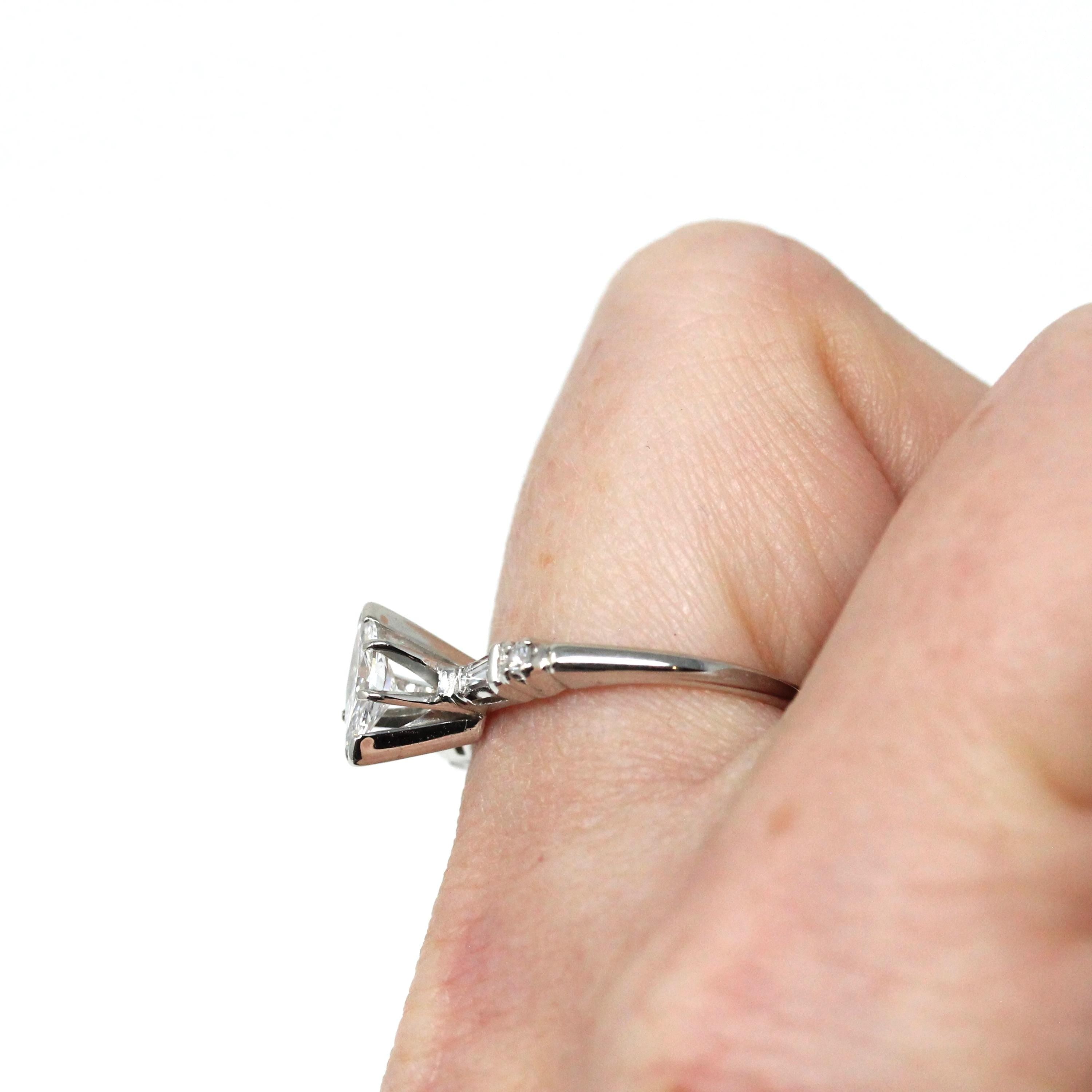 Marquise Diamond Engagement Ring - Mid Century 14k White Gold Natural Gemstones - Vintage Circa 1960s Size 6 Bridal Fine Jewelry W/ Report