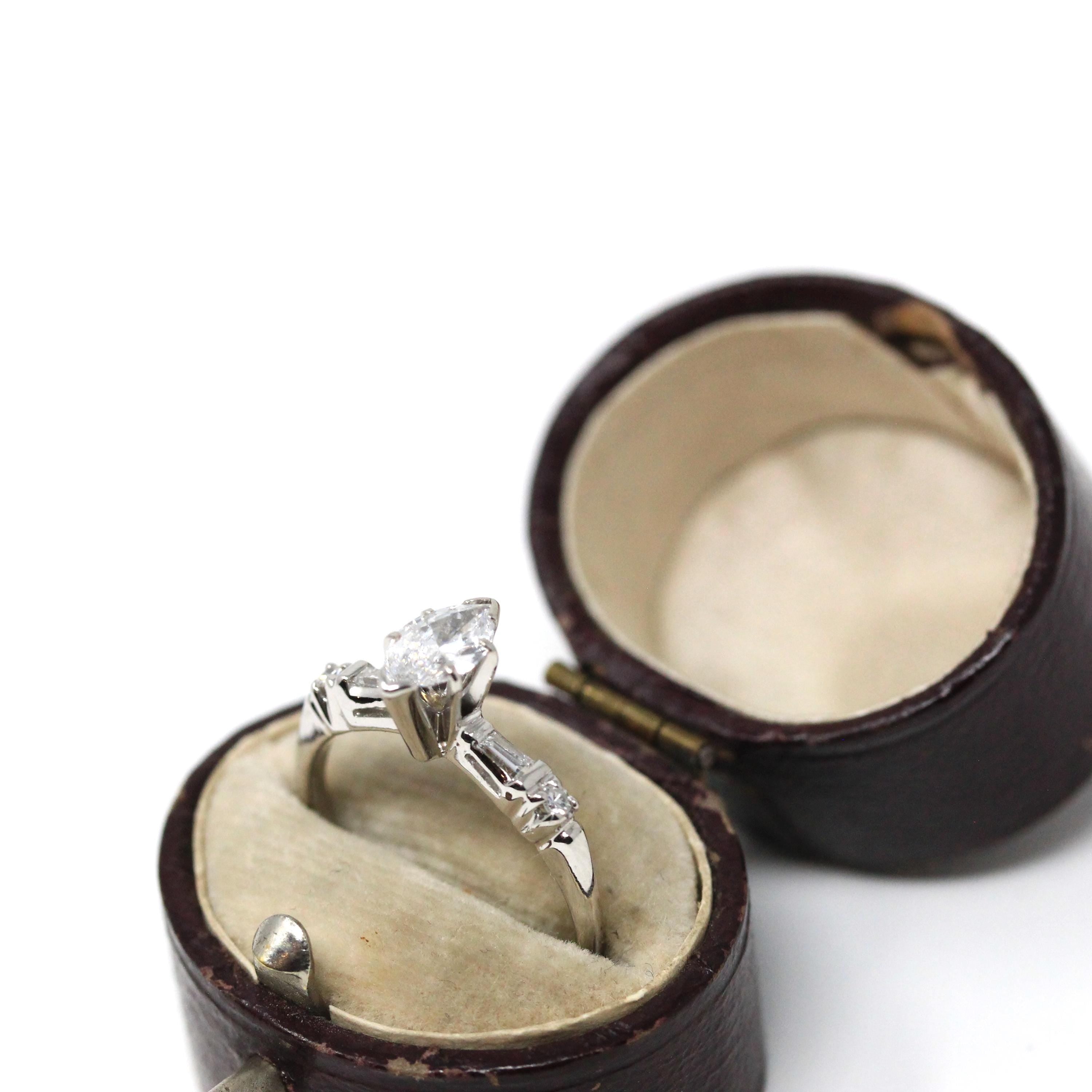 Marquise Diamond Engagement Ring - Mid Century 14k White Gold Natural Gemstones - Vintage Circa 1960s Size 6 Bridal Fine Jewelry W/ Report