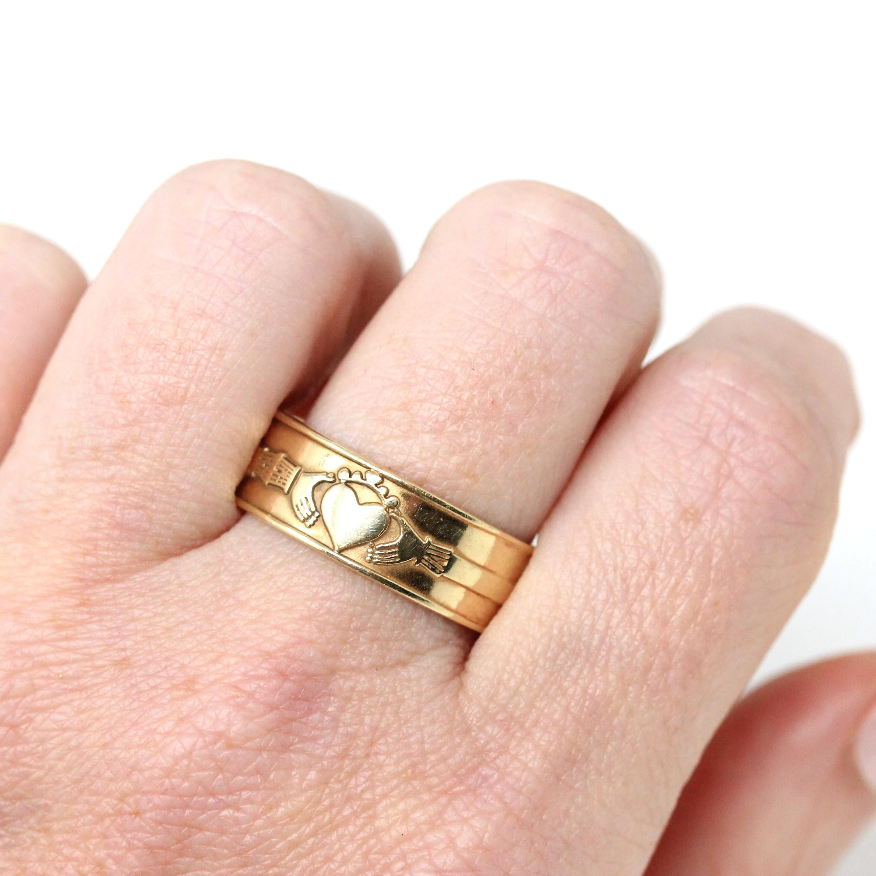 Claddagh Cigar Band - Modern 10k Yellow Gold Heart Clasped Hand Crown - Estate Size 10 Men's Unisex Friendship Love Loyalty Irish Jewelry