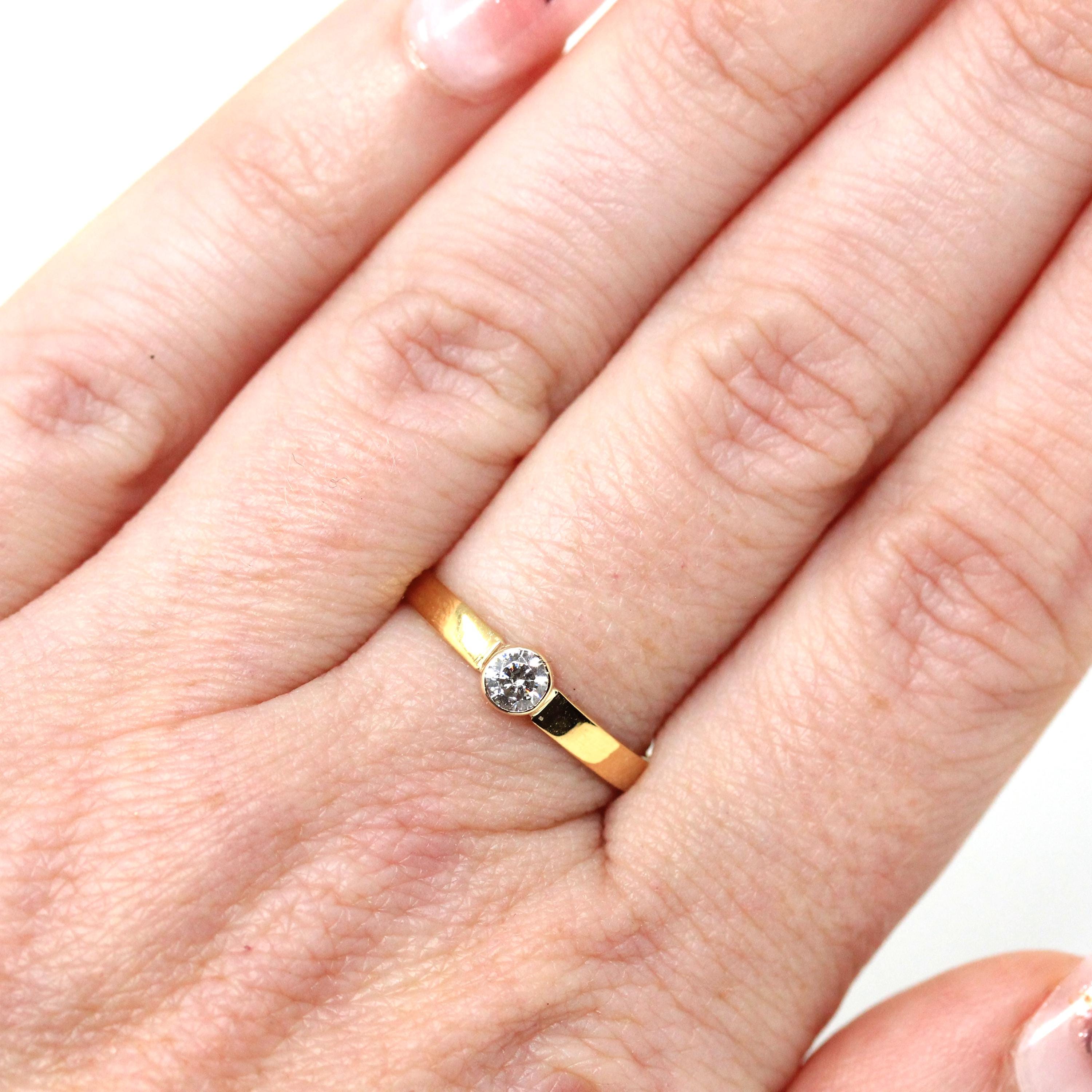 Modern 22k Gold Ring - Estate Simulated Diamond Glass Solitaire Bezel Ring - Hallmarked 1986 Size 6 1/4 Birmingham England Fine 80s Jewelry