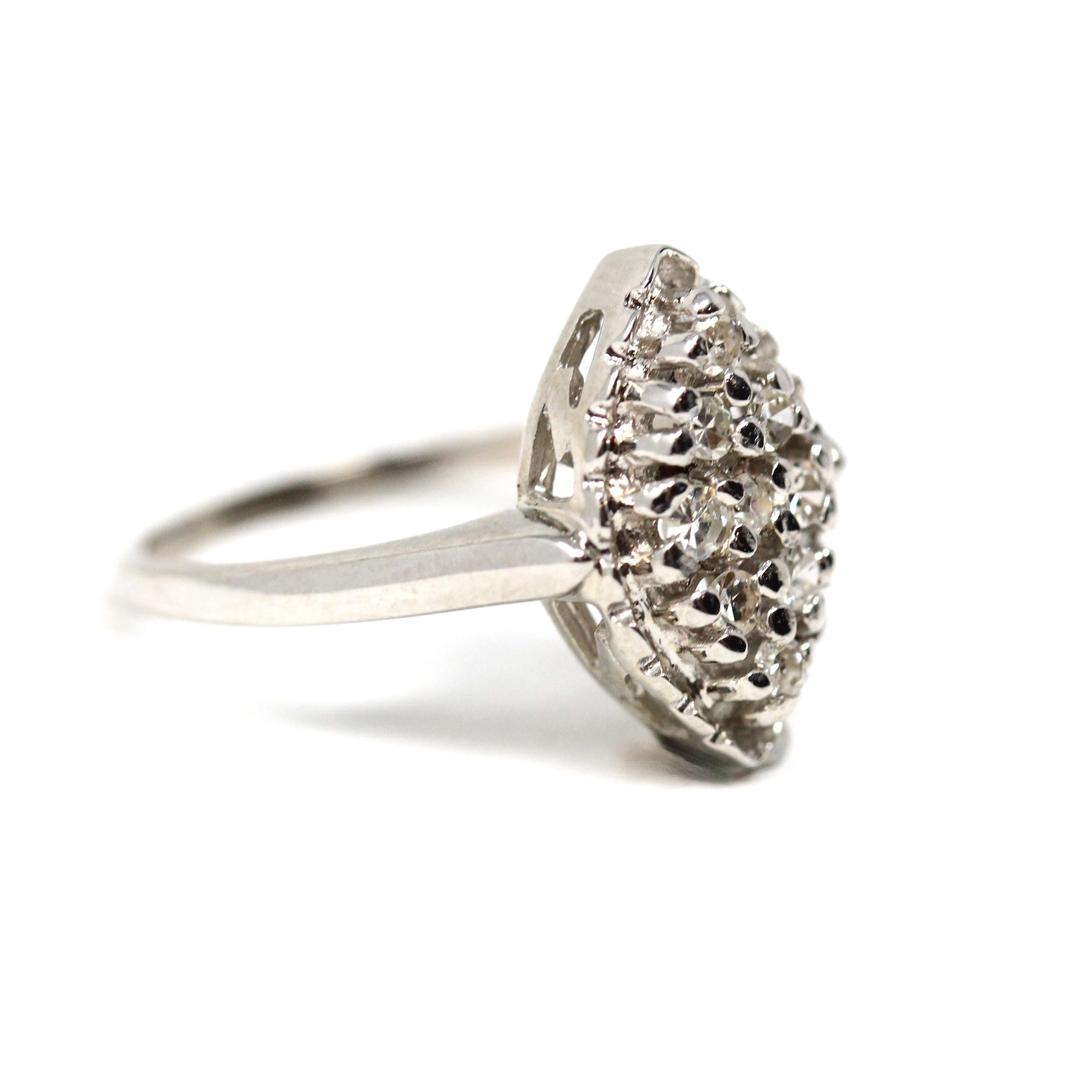 Diamond Navette Ring - Mid Century 14k White Gold .25 CTW Natural Gemstone Shield - Vintage 1950s Size 6 Fine Engagement Bridal Jewelry