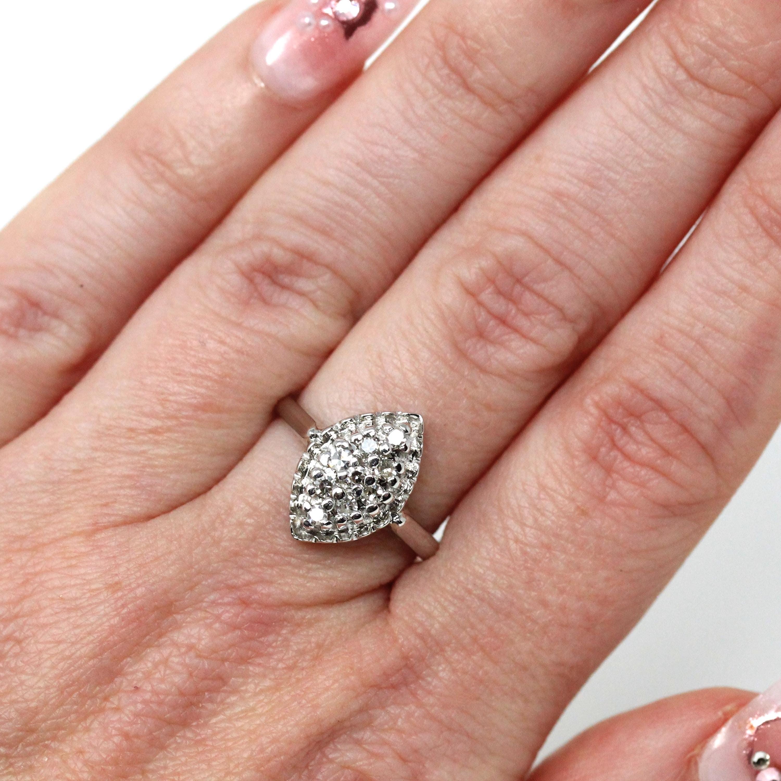 Diamond Navette Ring - Mid Century 14k White Gold .25 CTW Natural Gemstone Shield - Vintage 1950s Size 6 Fine Engagement Bridal Jewelry