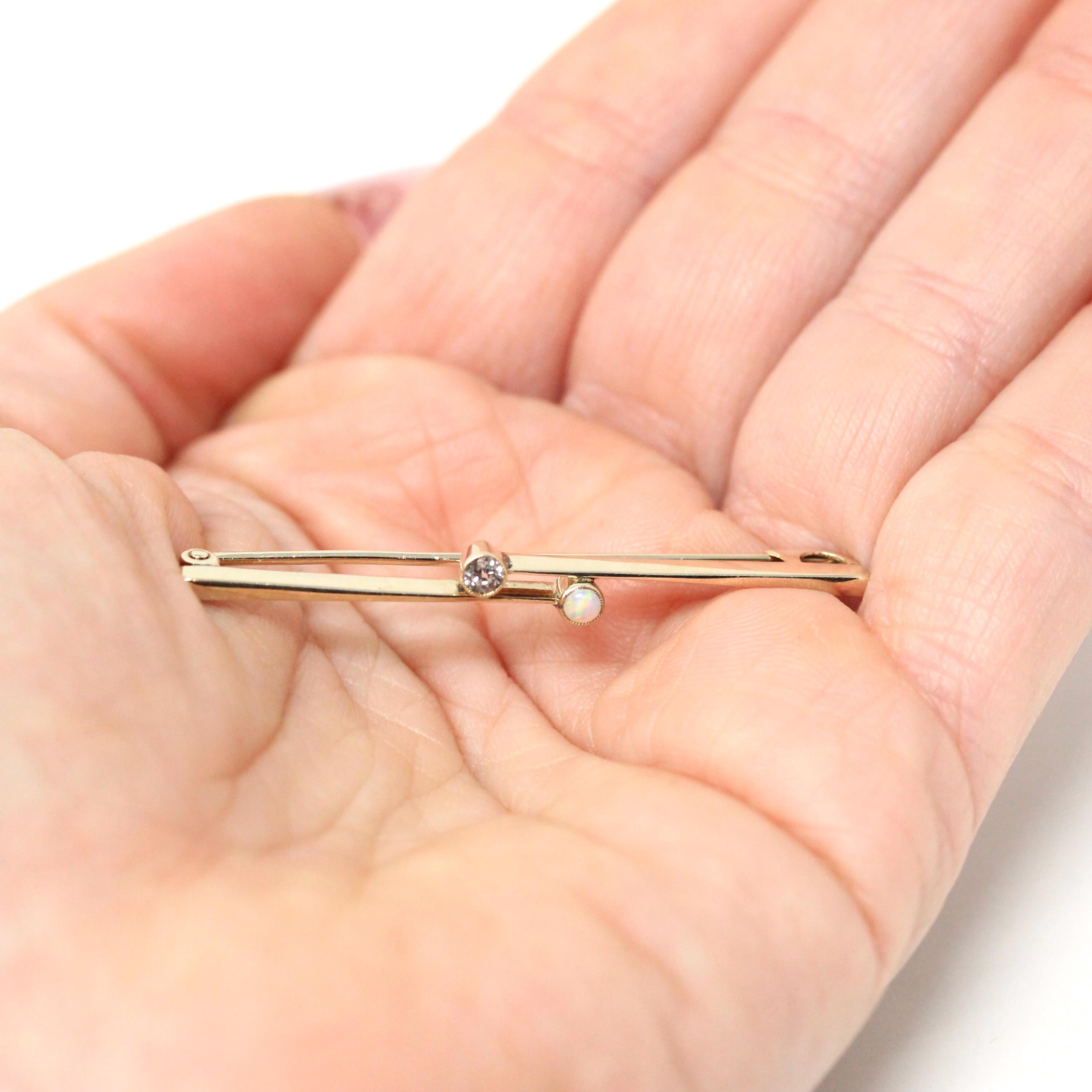 Opal & Created Sapphire Brooch - Edwardian 9ct Yellow Gold Cab Stone - Antique Circa 1900s Era Dainty Gemstone Statement Pin Fine Accessory