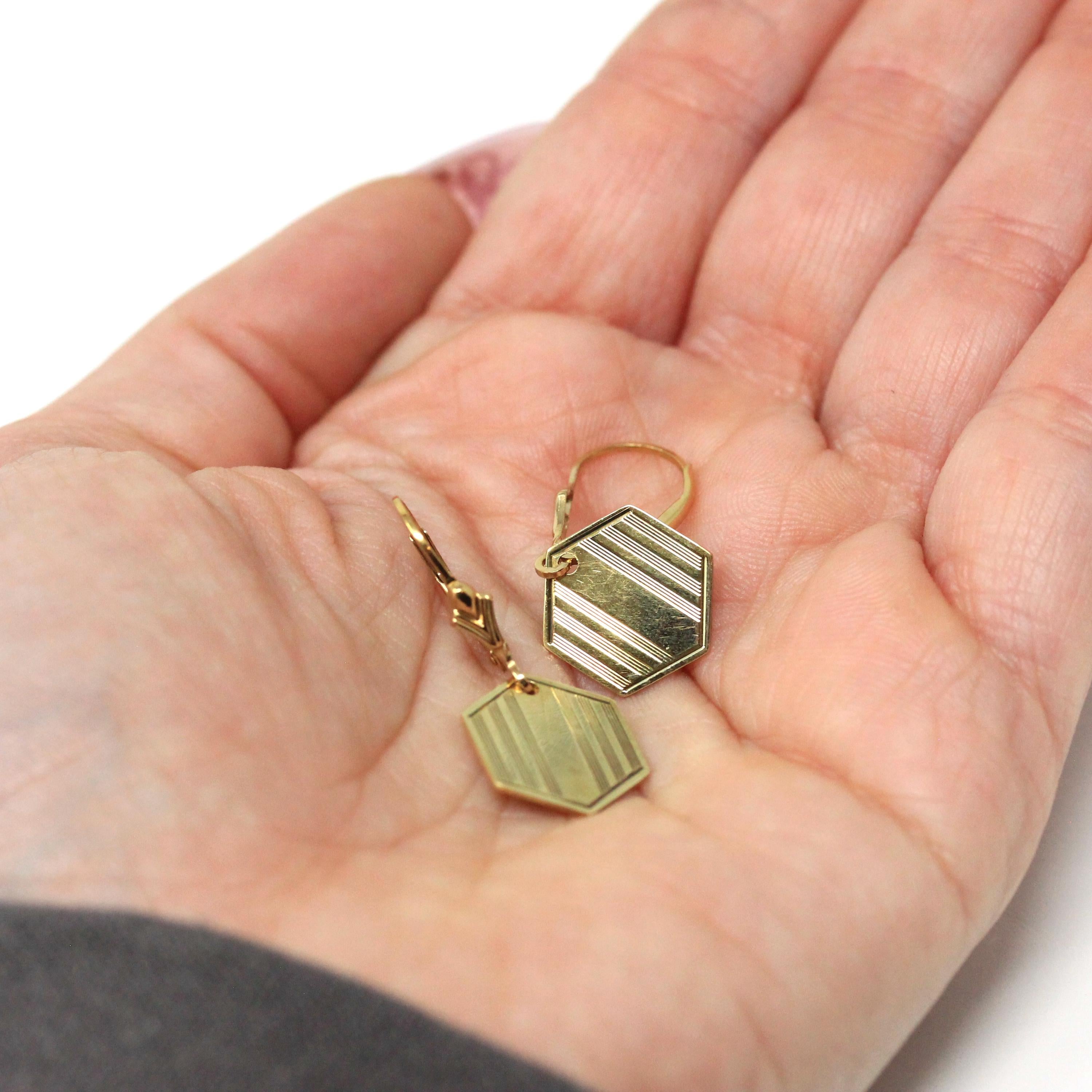 Antique Hexagon Earrings - Edwardian 14k Yellow Gold Dangle Drop Wire Leverback - Vintage 1910s Cufflink Conversion Geometric Fine Jewelry