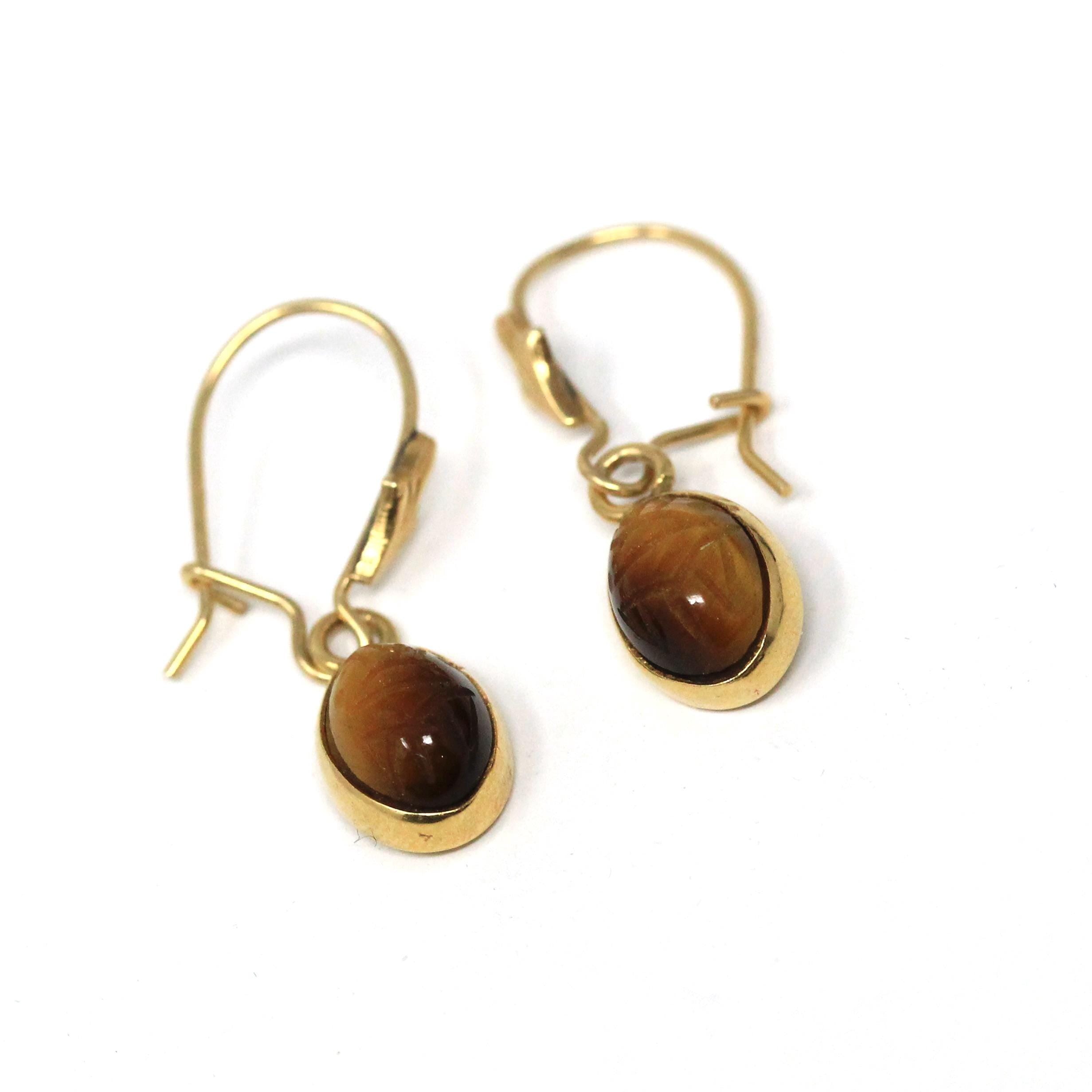 Tiger's Eye Earrings - Retro 14k Yellow Gold Natural Carved Gemstones Wire Backs - Vintage Circa 1960s Era Egyptian Revival Fine 60s Jewelry