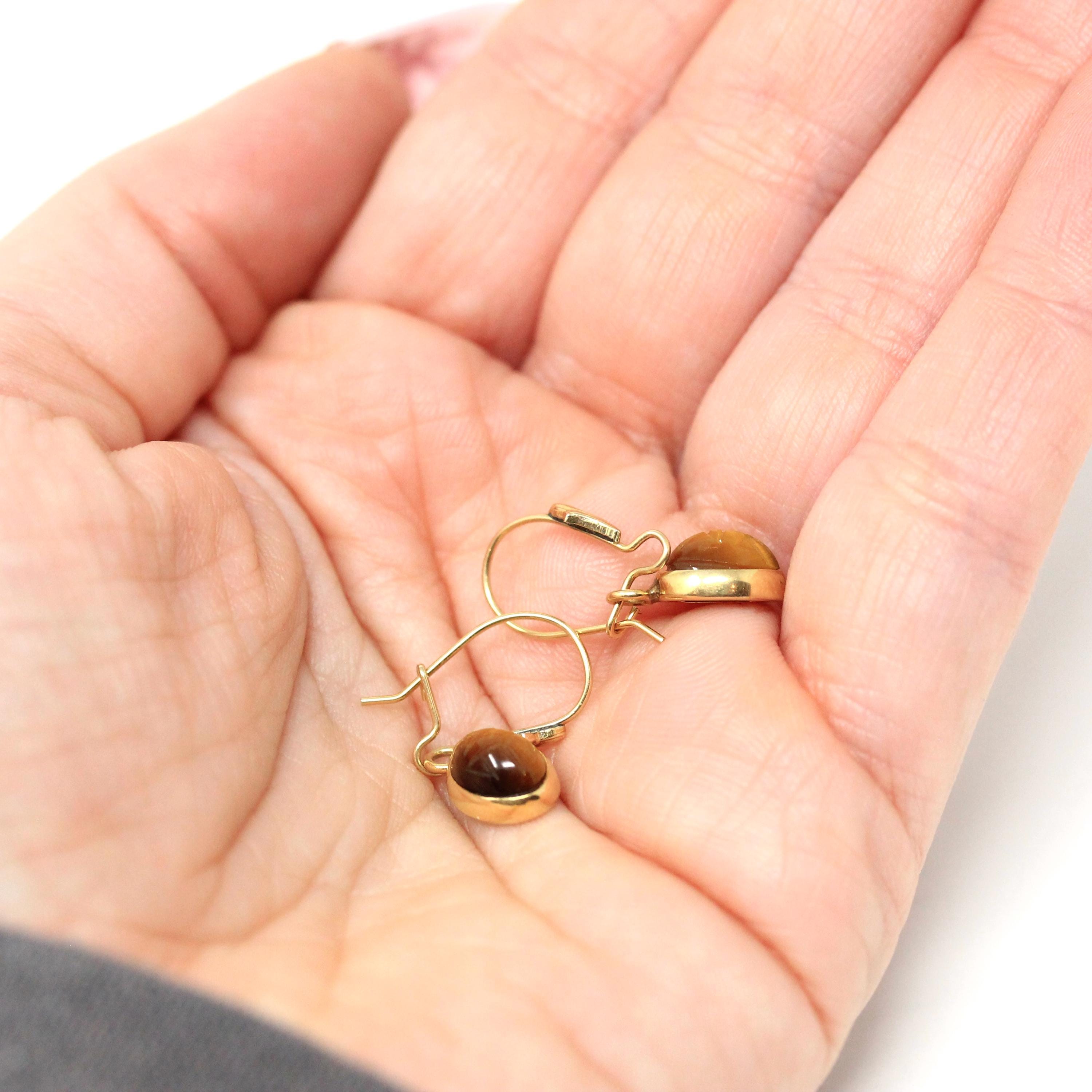Tiger's Eye Earrings - Retro 14k Yellow Gold Natural Carved Gemstones Wire Backs - Vintage Circa 1960s Era Egyptian Revival Fine 60s Jewelry
