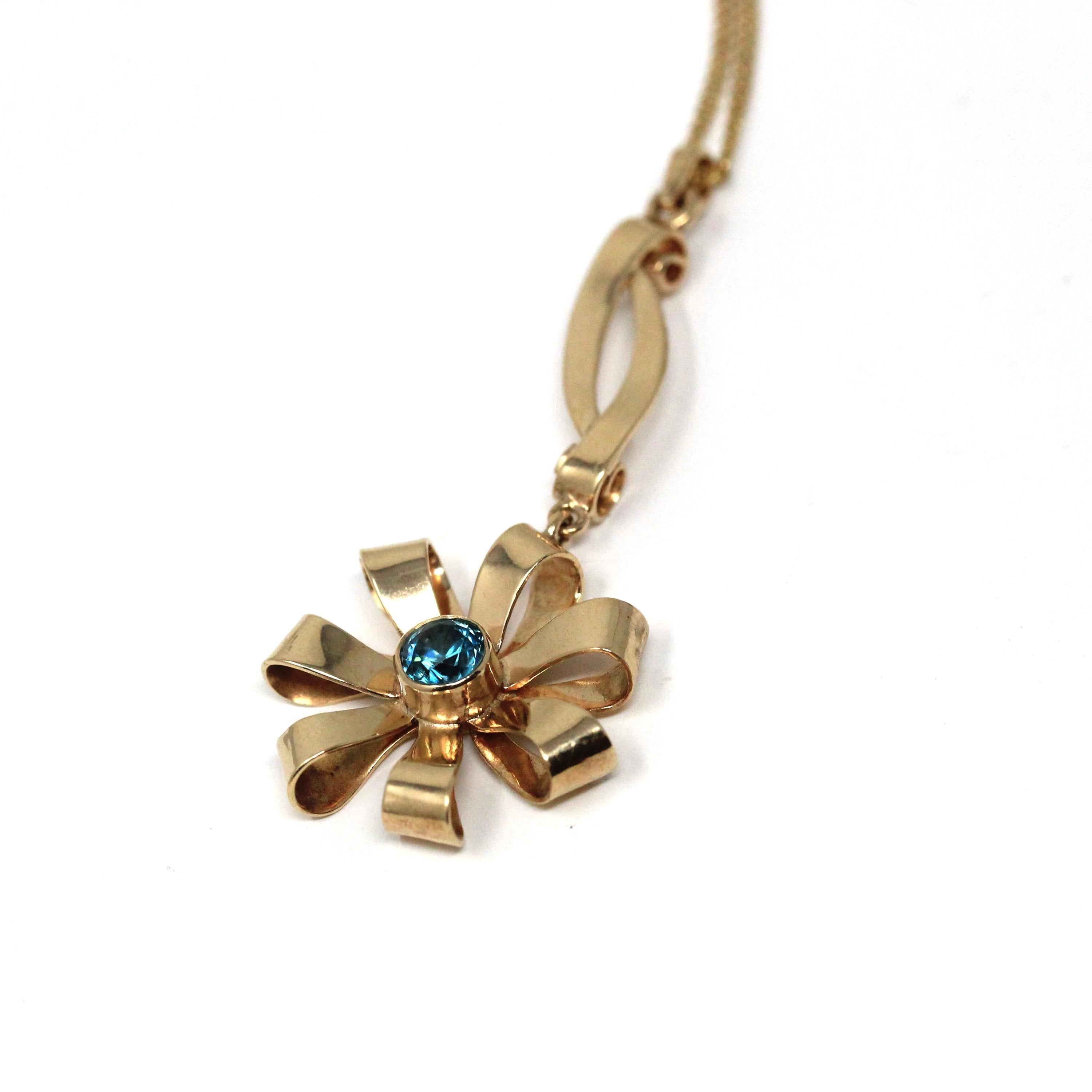 Vintage Flower Necklace - Mid Century 10k Yellow Gold Natural Blue Zircon Gemstone Pendant - Circa 1940s December Birthstone Fine Jewelry