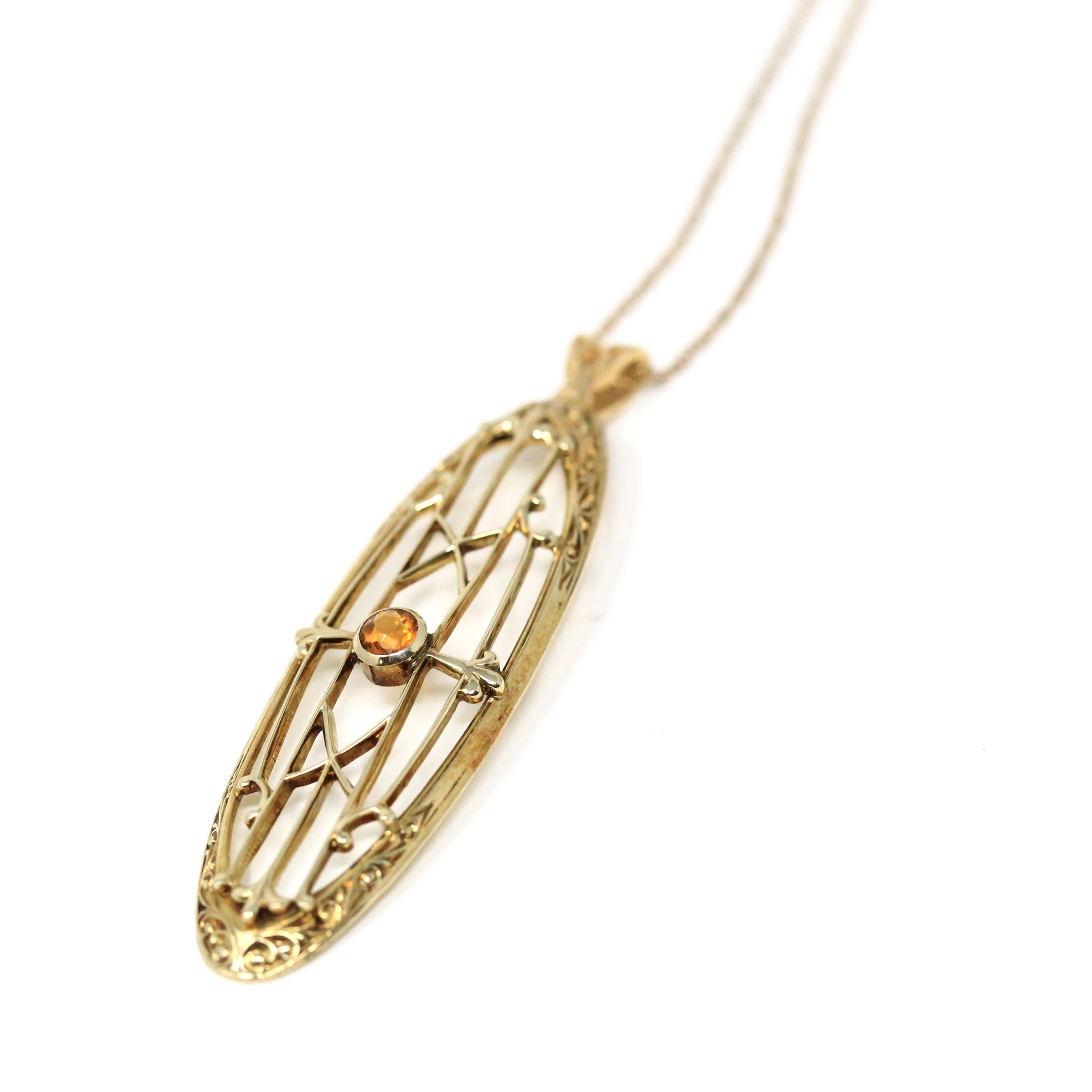 Antique Citrine Necklace - Edwardian Era 10k Yellow Gold Natural Orange Gemstone - Vintage Circa 1910s Open Metal Fine Pendant Charm Jewelry