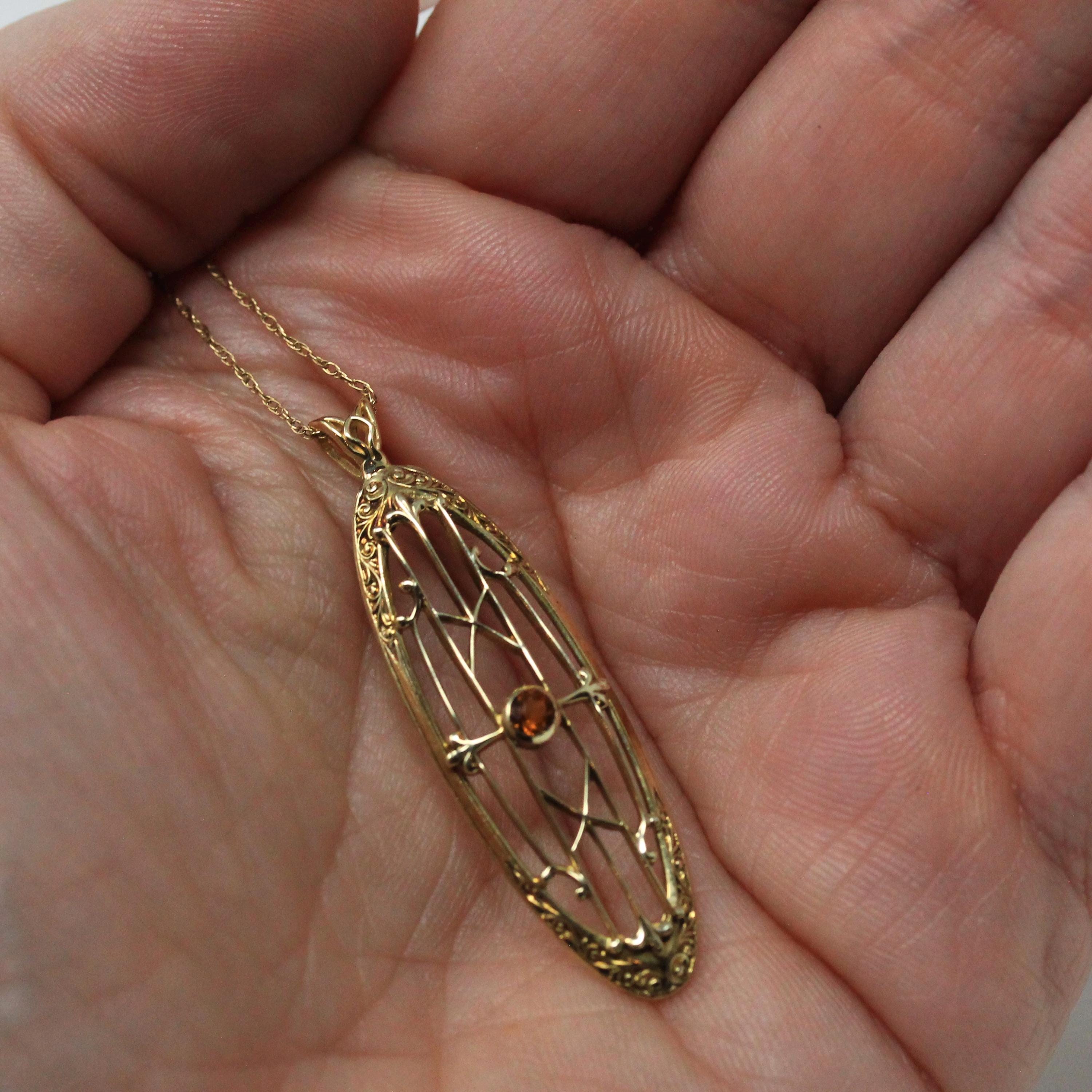 Antique Citrine Necklace - Edwardian Era 10k Yellow Gold Natural Orange Gemstone - Vintage Circa 1910s Open Metal Fine Pendant Charm Jewelry