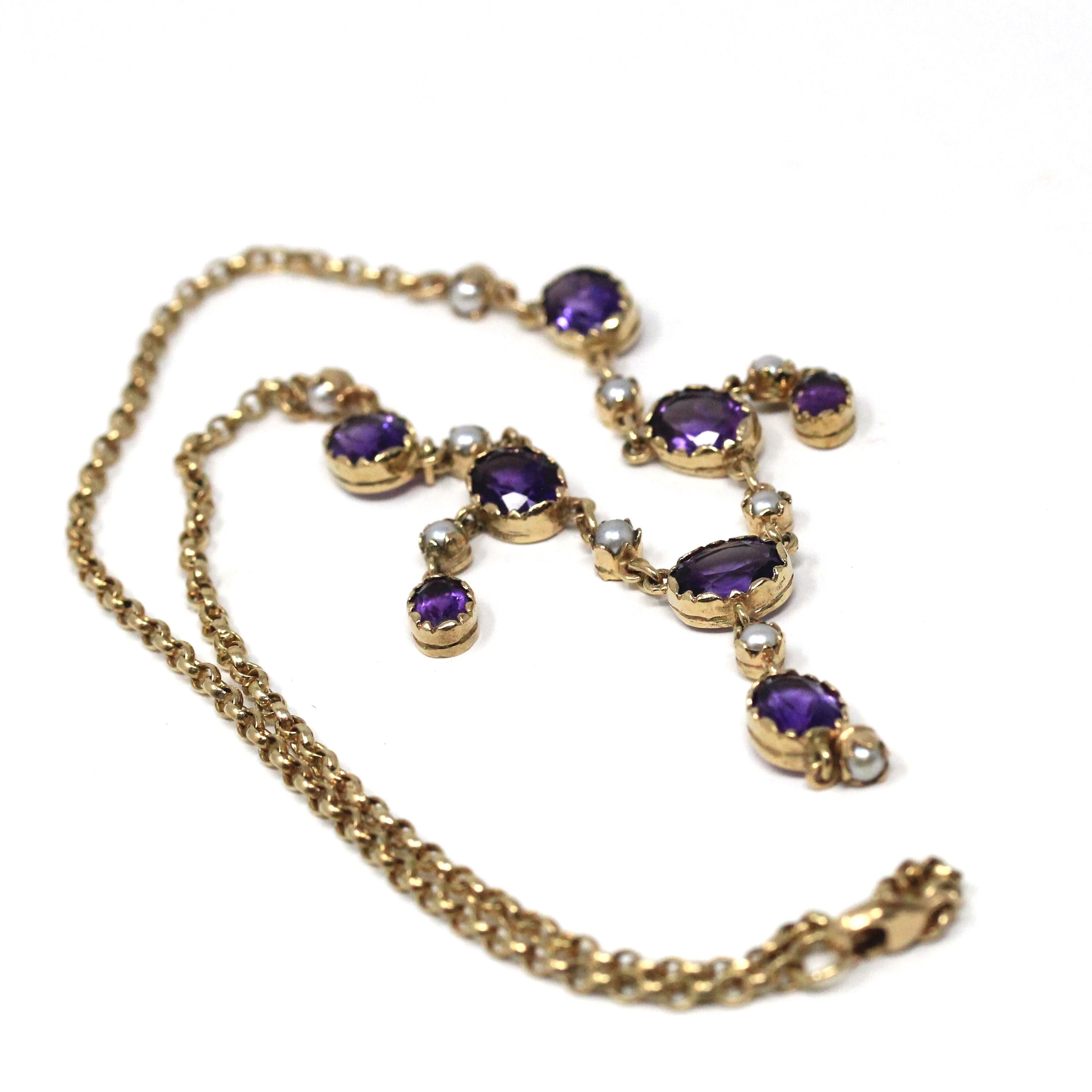 Amethyst Festoon Necklace - Modern Estate 9k Yellow Gold Natural Purple Gemstones - Circa 1990s Victorian Style Dangling Fringe Fine Jewelry