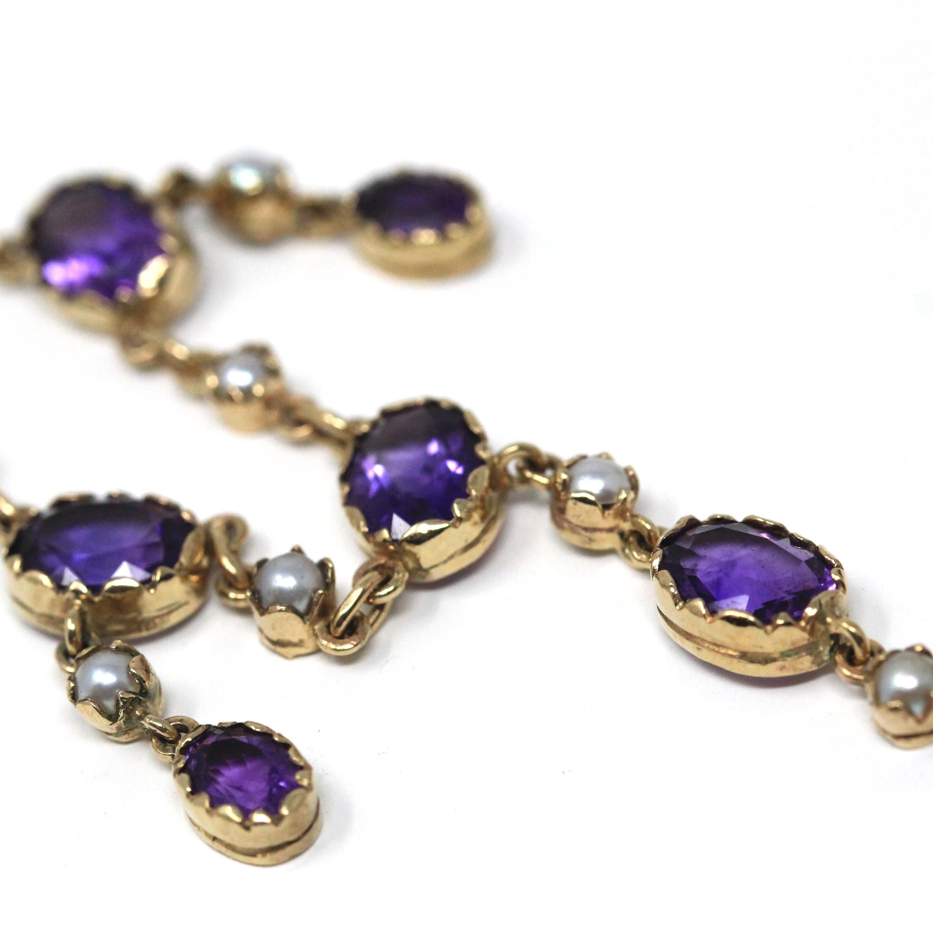 Amethyst Festoon Necklace - Modern Estate 9k Yellow Gold Natural Purple Gemstones - Circa 1990s Victorian Style Dangling Fringe Fine Jewelry
