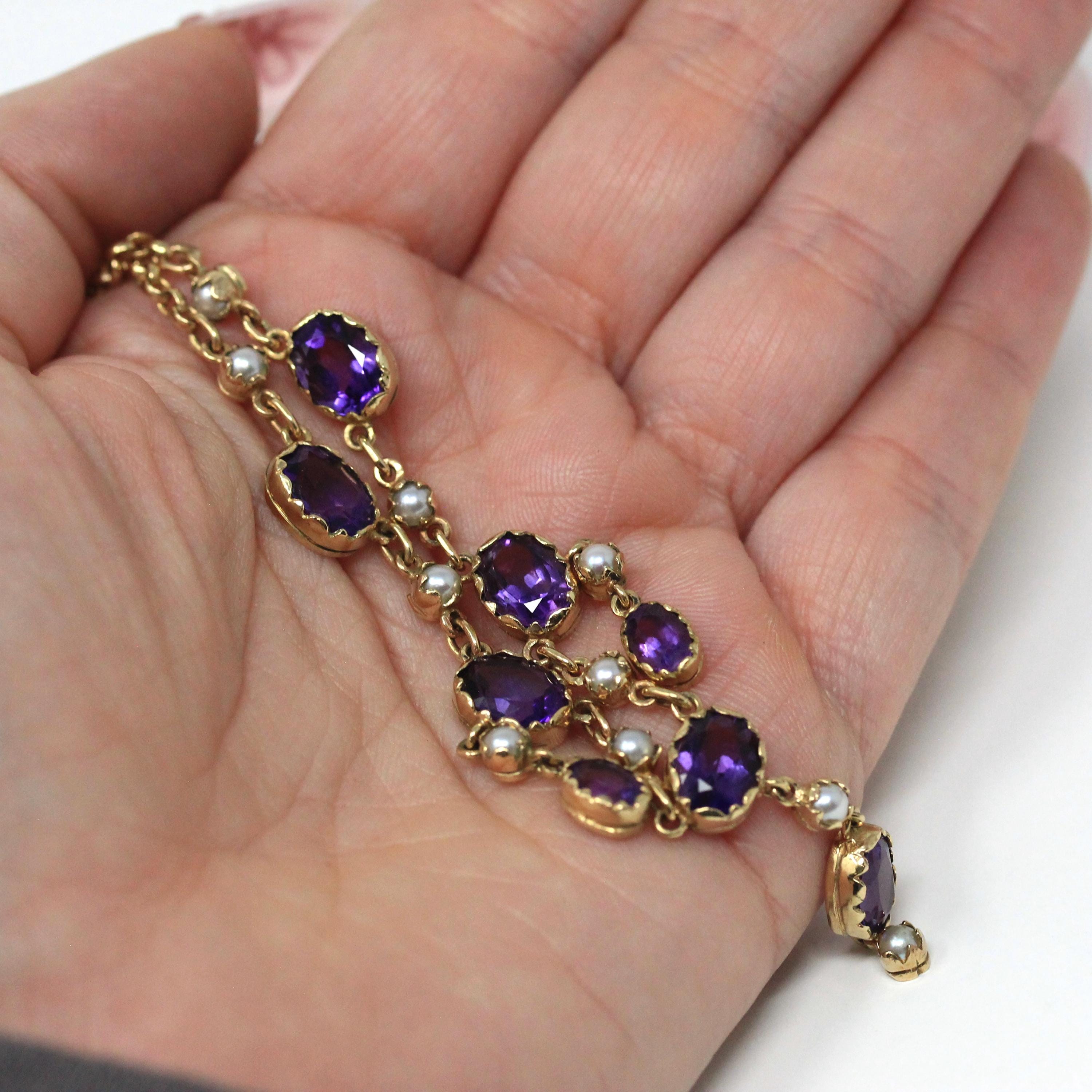 Amethyst Festoon Necklace - Modern Estate 9k Yellow Gold Natural Purple Gemstones - Circa 1990s Victorian Style Dangling Fringe Fine Jewelry