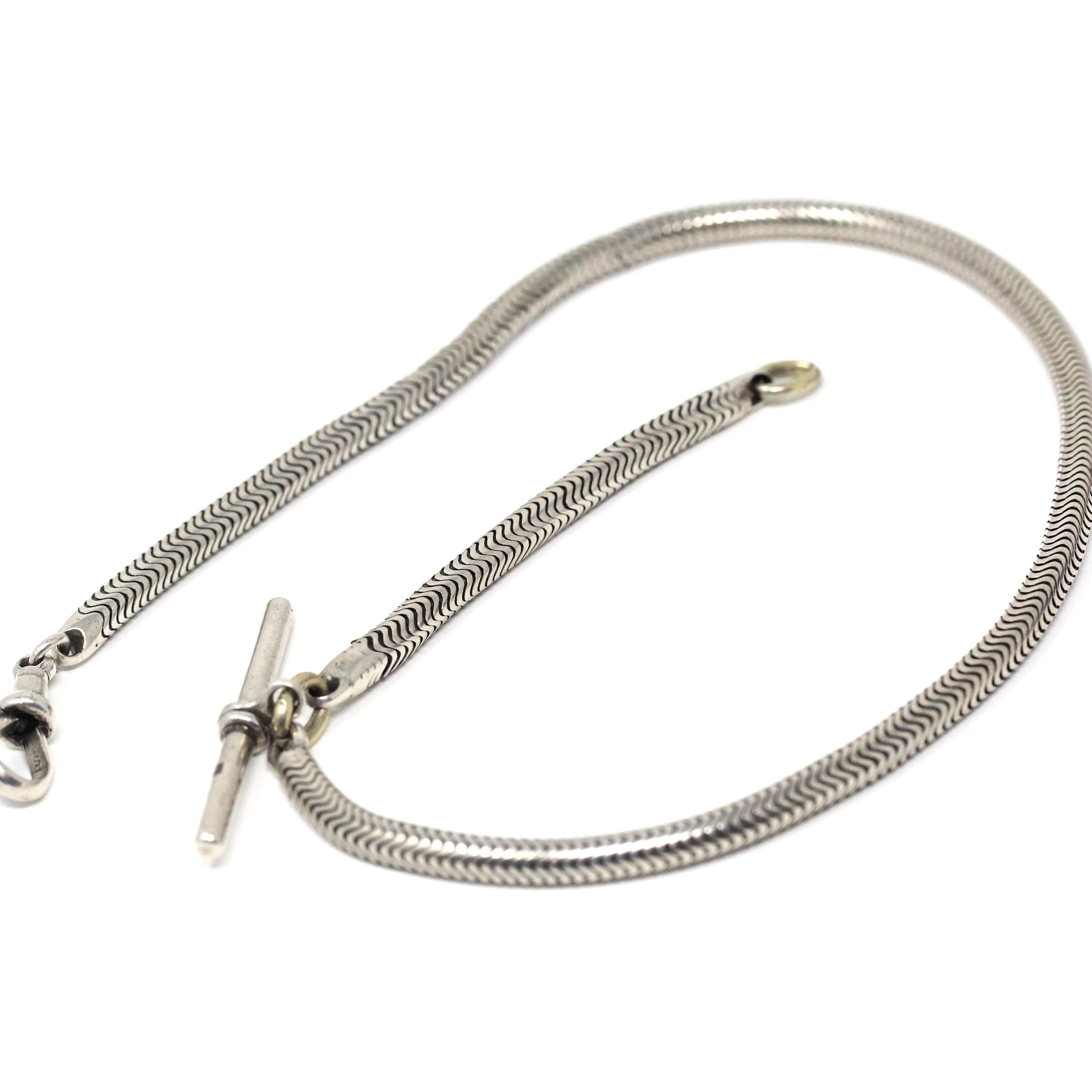 Antique Pocket Watch Chain - Sterling Silver Snake Chain T Bar Dog Clip Clasp - Victorian Circa 1890s Unisex Necklace Charm Holder Jewelry