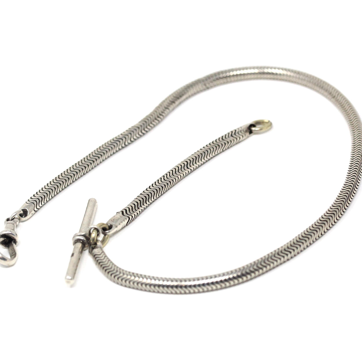 Antique Pocket Watch Chain - Sterling Silver Snake Chain T Bar Dog Clip Clasp - Victorian Circa 1890s Unisex Necklace Charm Holder Jewelry