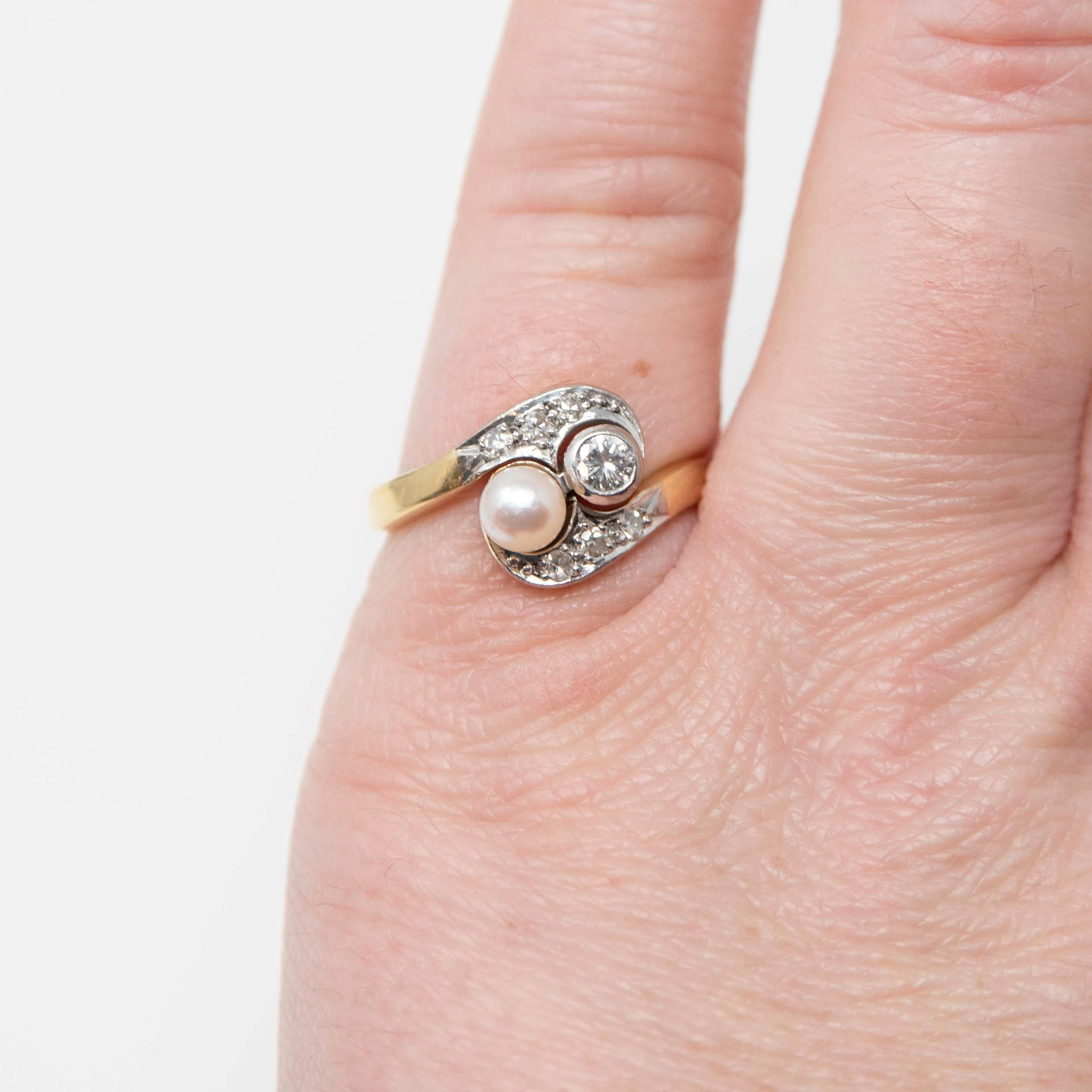 Pearl & Diamond Ring - Modern 14k Gold Platinum Two Tone Toi Et Moi Bypass - Estate Size 6 1/2 June April Birthstones Fine Statement Jewelry