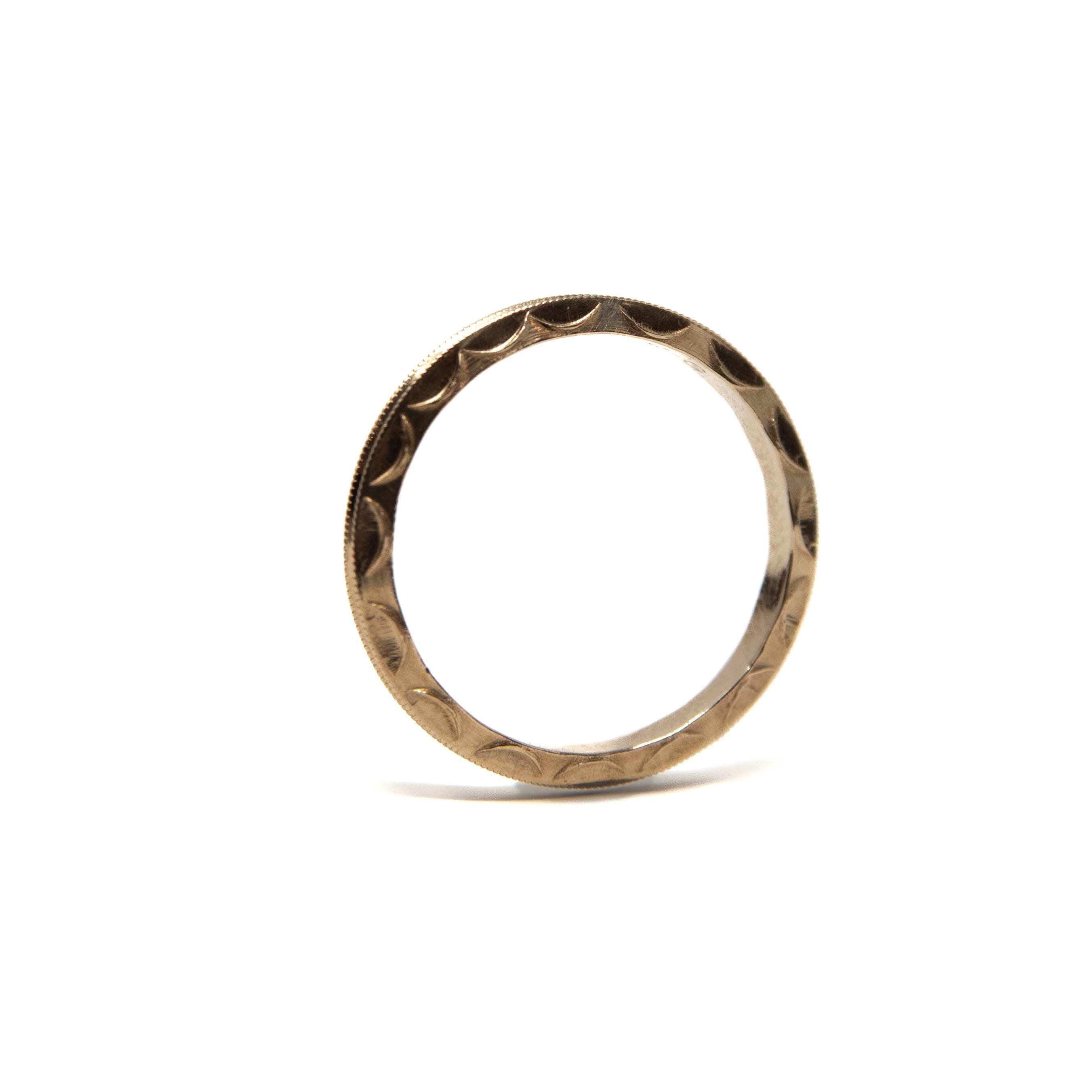 Vintage Wedding Band - Retro 14k Yellow Gold Milgrain Scalloped Textured Design - Circa 1940s Era Size 4 3/4 New Old Stock Eternity Jewelry