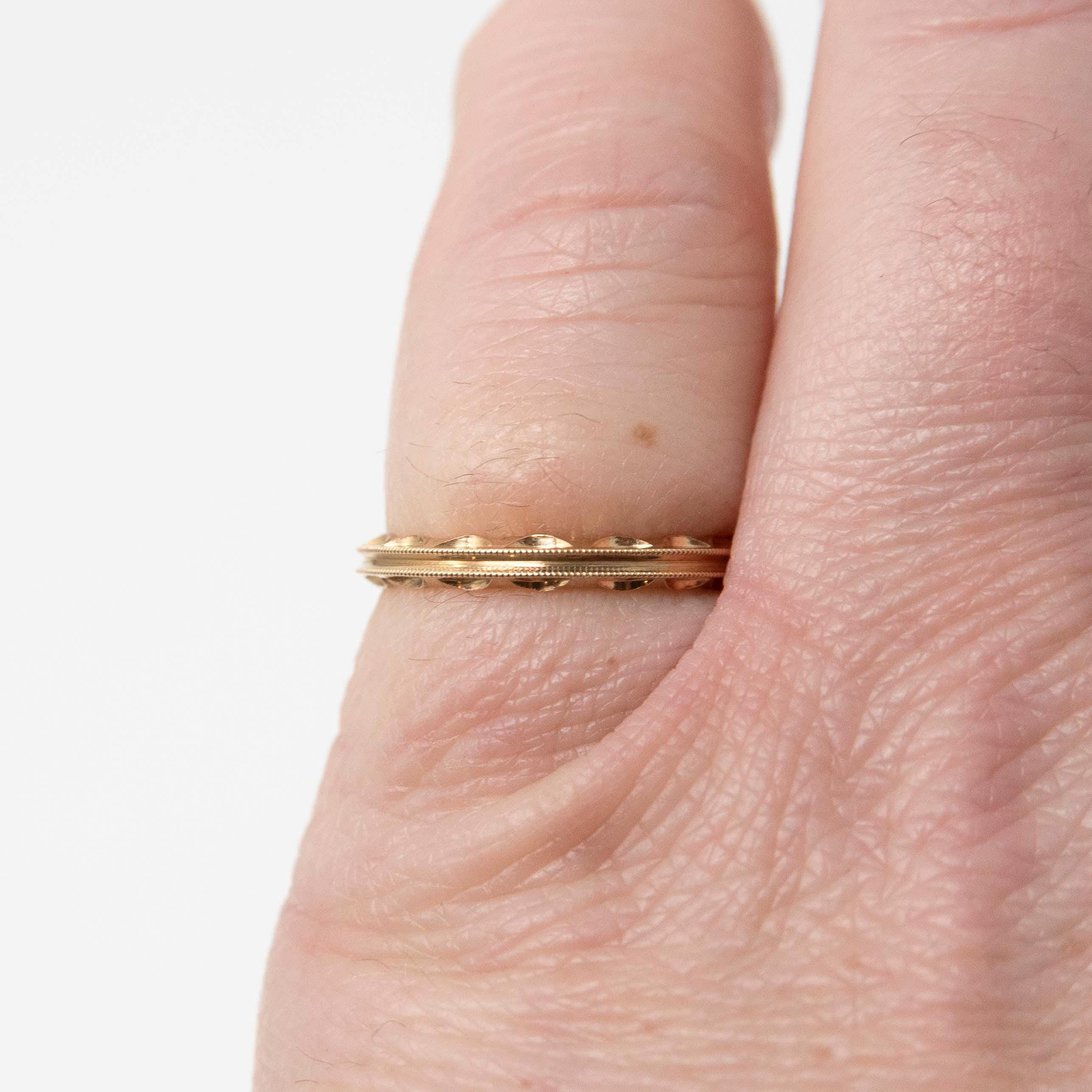 Vintage Wedding Band - Retro 14k Yellow Gold Milgrain Scalloped Textured Design - Circa 1940s Era Size 4 3/4 New Old Stock Eternity Jewelry