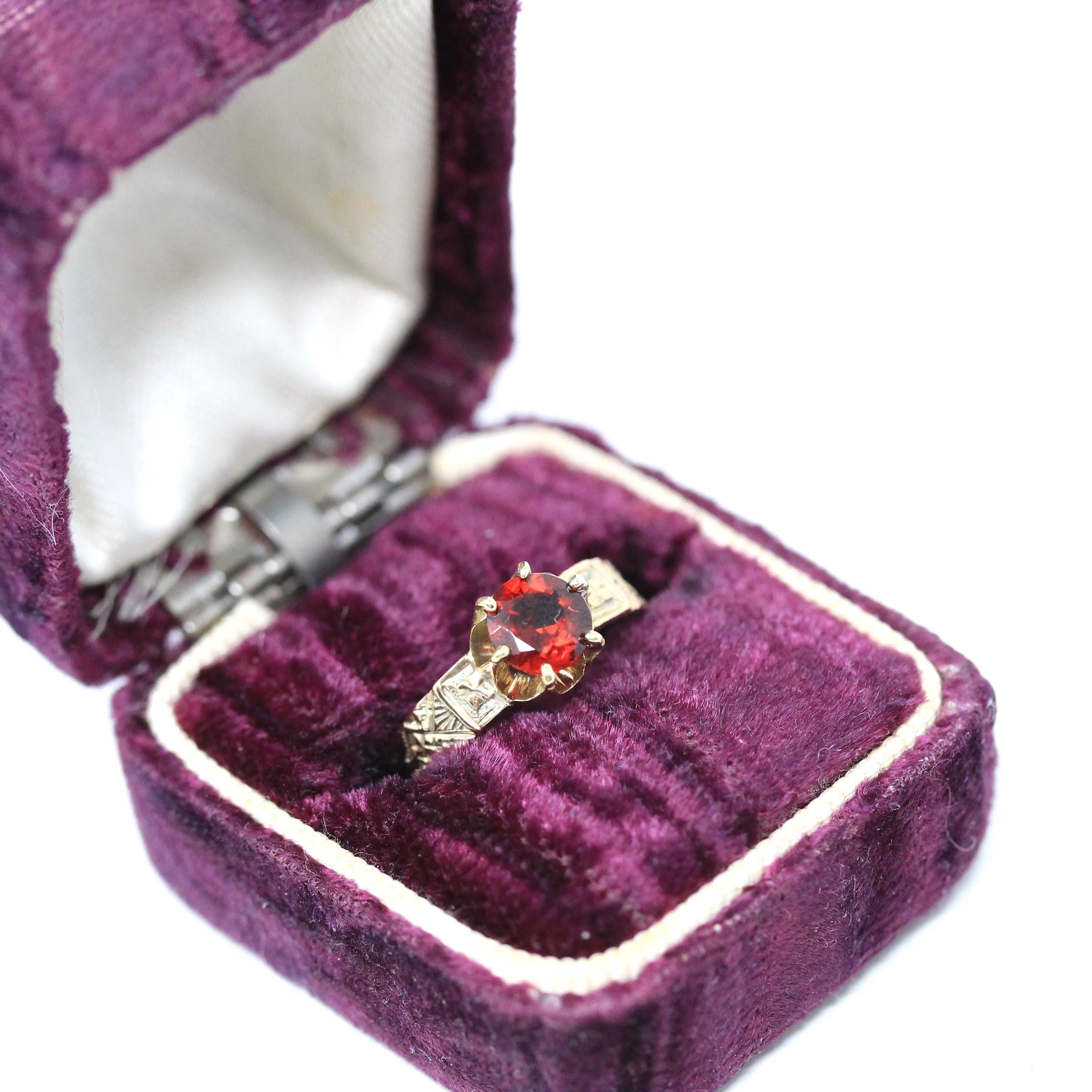 Victorian Garnet Ring - Antique 10k Rosy Yellow Gold Solitaire Gemstone - Circa 1890s Era Size 5.5 January Birthstone Engraved Fine Jewelry
