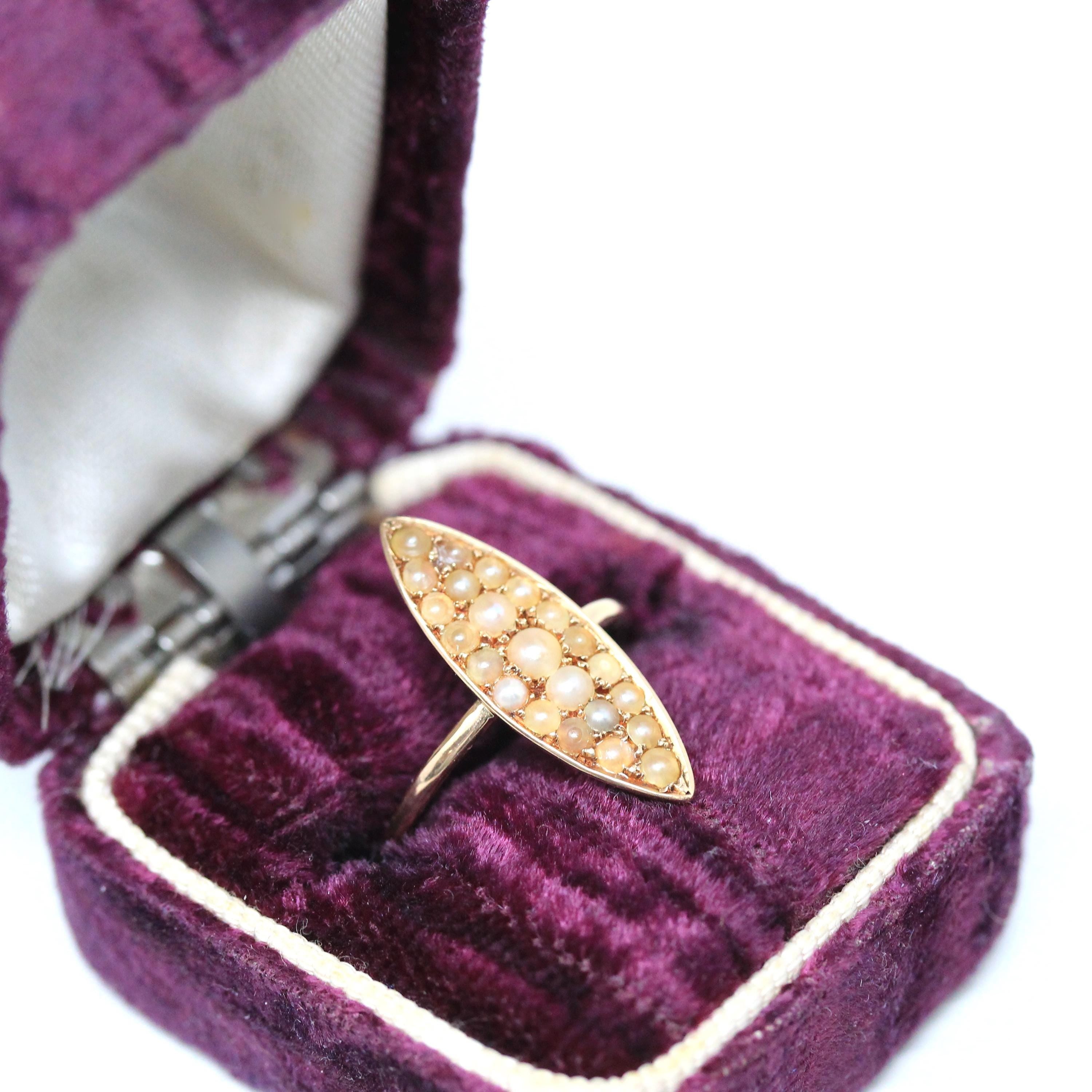 Antique Navette Ring - Edwardian Era 14k Yellow Gold Seed Pearl Cluster - Circa 1910s Era Size 4 1/2 June Birthstone Shield Fine Jewelry