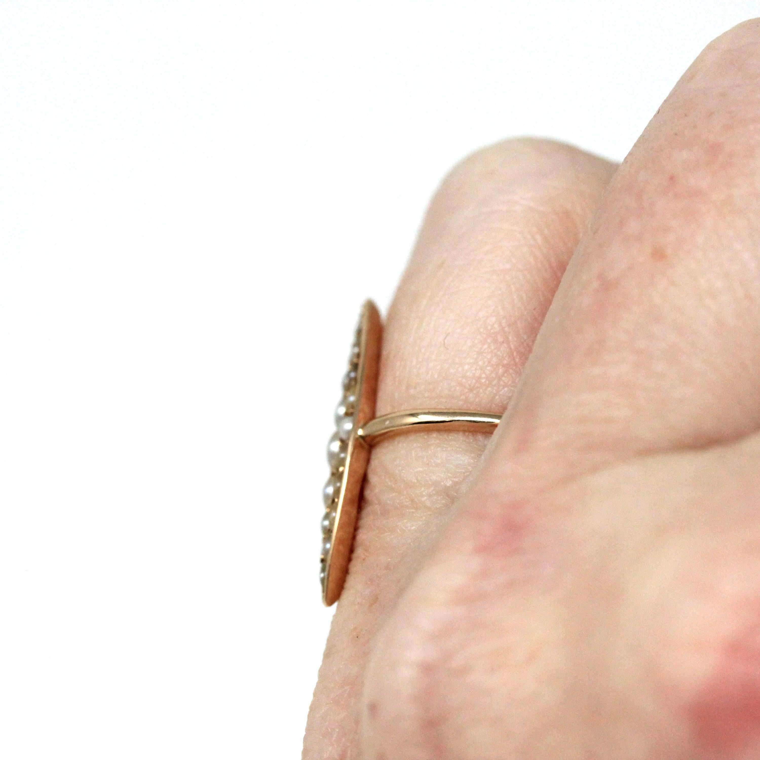 Antique Navette Ring - Edwardian Era 14k Yellow Gold Seed Pearl Cluster - Circa 1910s Era Size 4 1/2 June Birthstone Shield Fine Jewelry