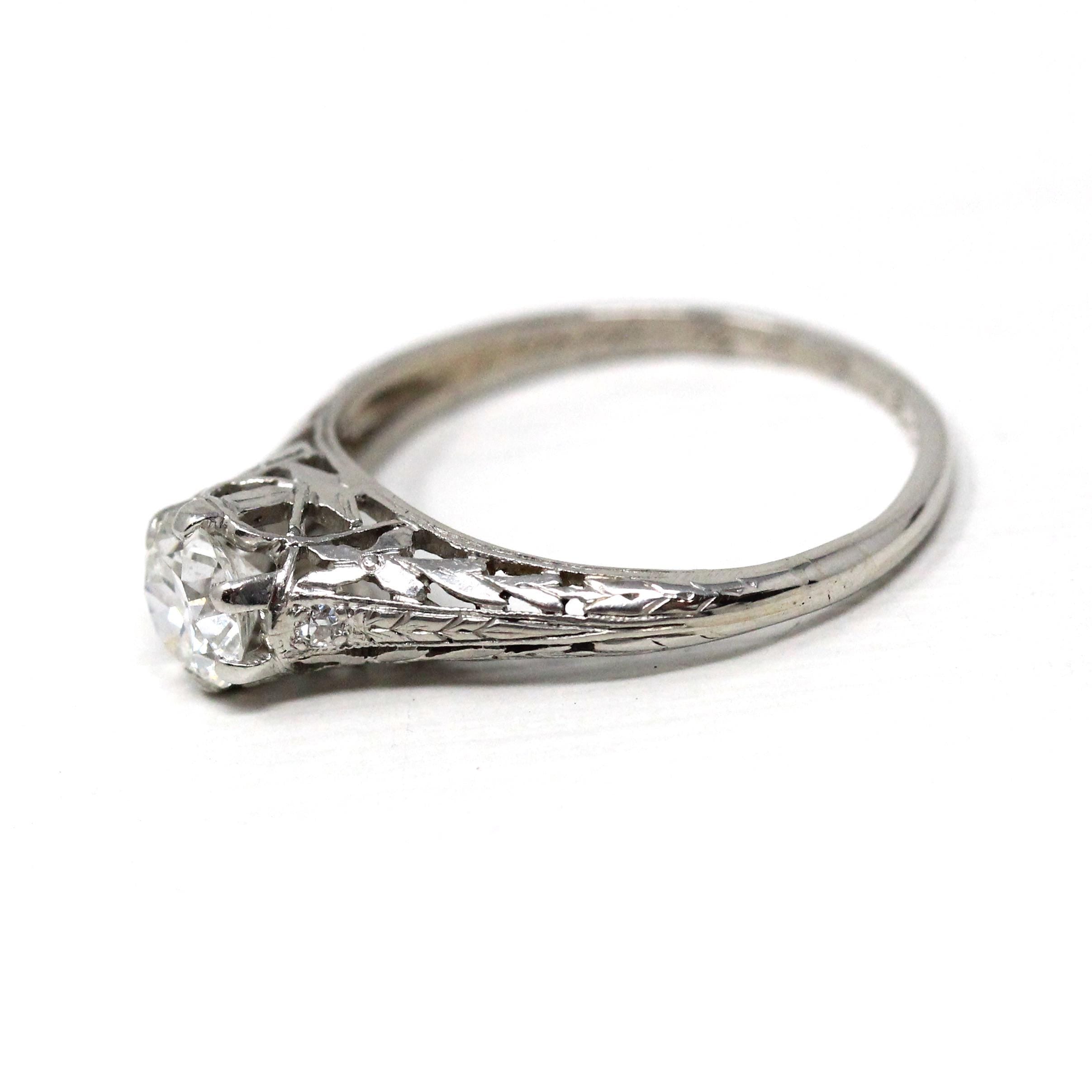 Art Deco Engagement Ring - Platinum Natural .60 CT Old European Diamond - Antique Circa 1920s Era Size 7 Bridal Filigree Fine Report Jewelry