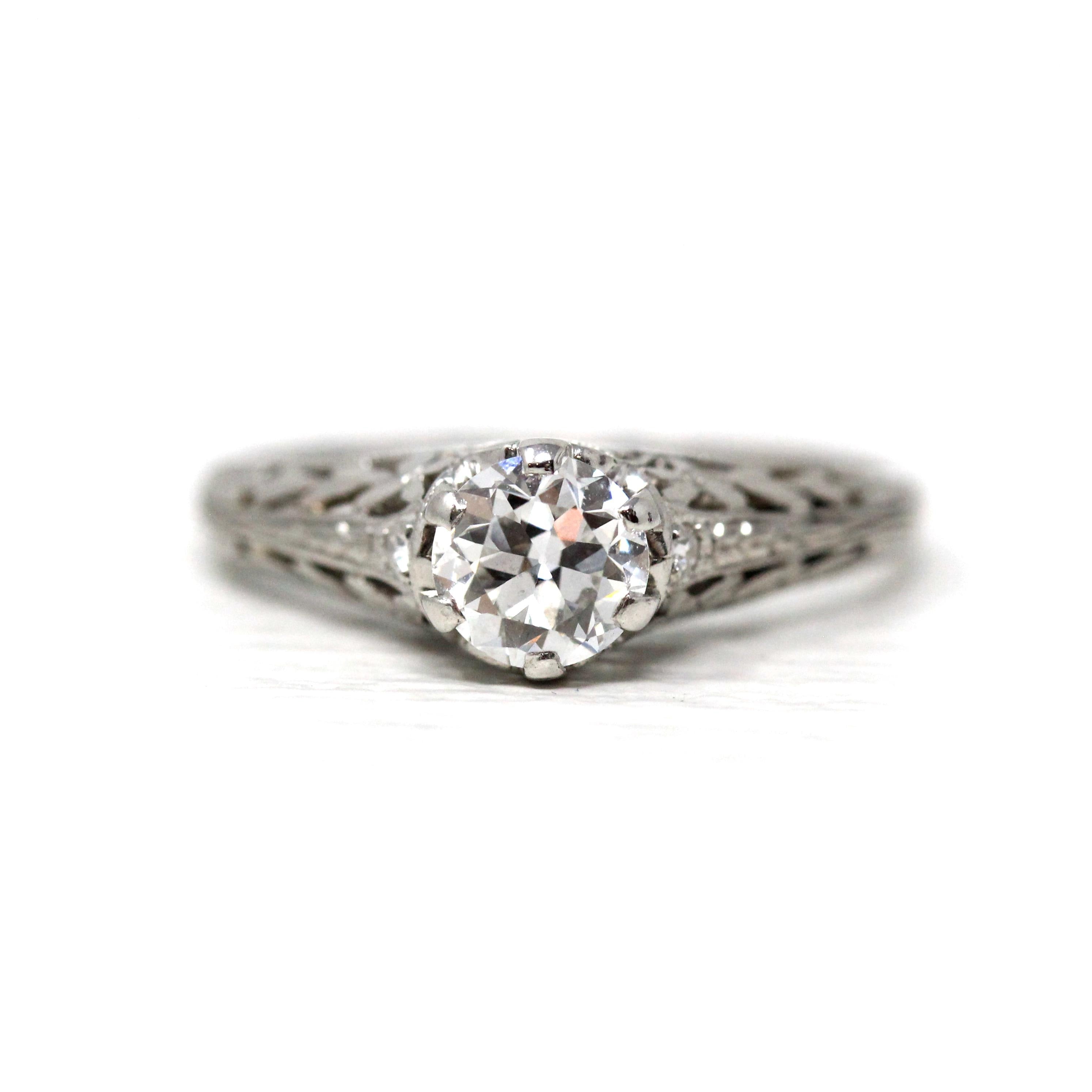 Art Deco Engagement Ring - Platinum Natural .60 CT Old European Diamond - Antique Circa 1920s Era Size 7 Bridal Filigree Fine Report Jewelry