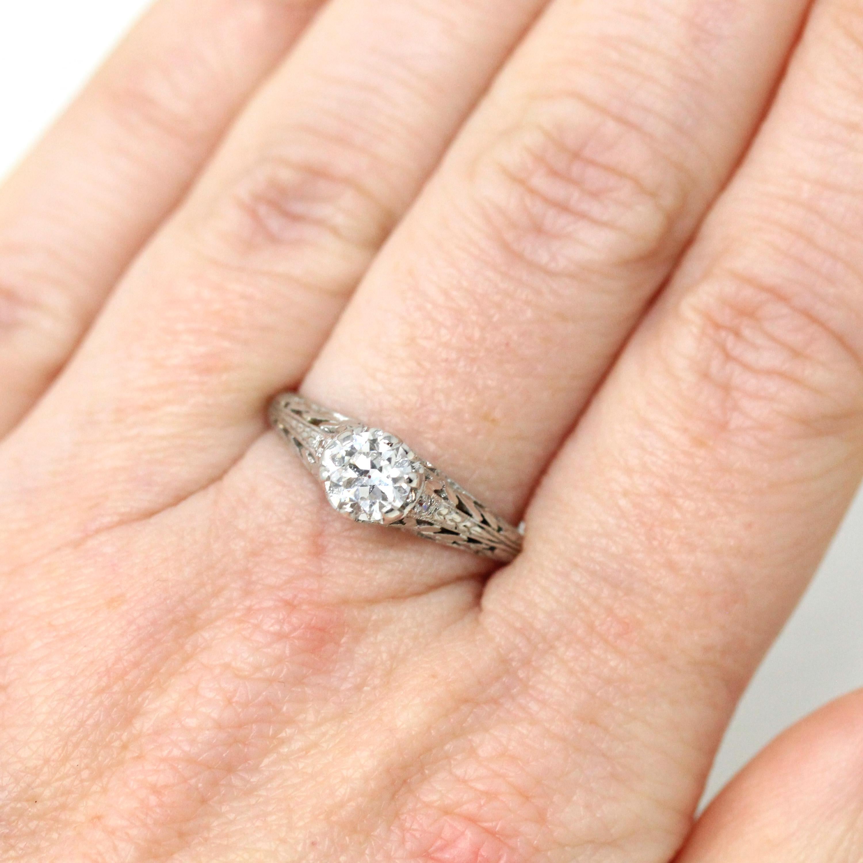 Art Deco Engagement Ring - Platinum Natural .60 CT Old European Diamond - Antique Circa 1920s Era Size 7 Bridal Filigree Fine Report Jewelry