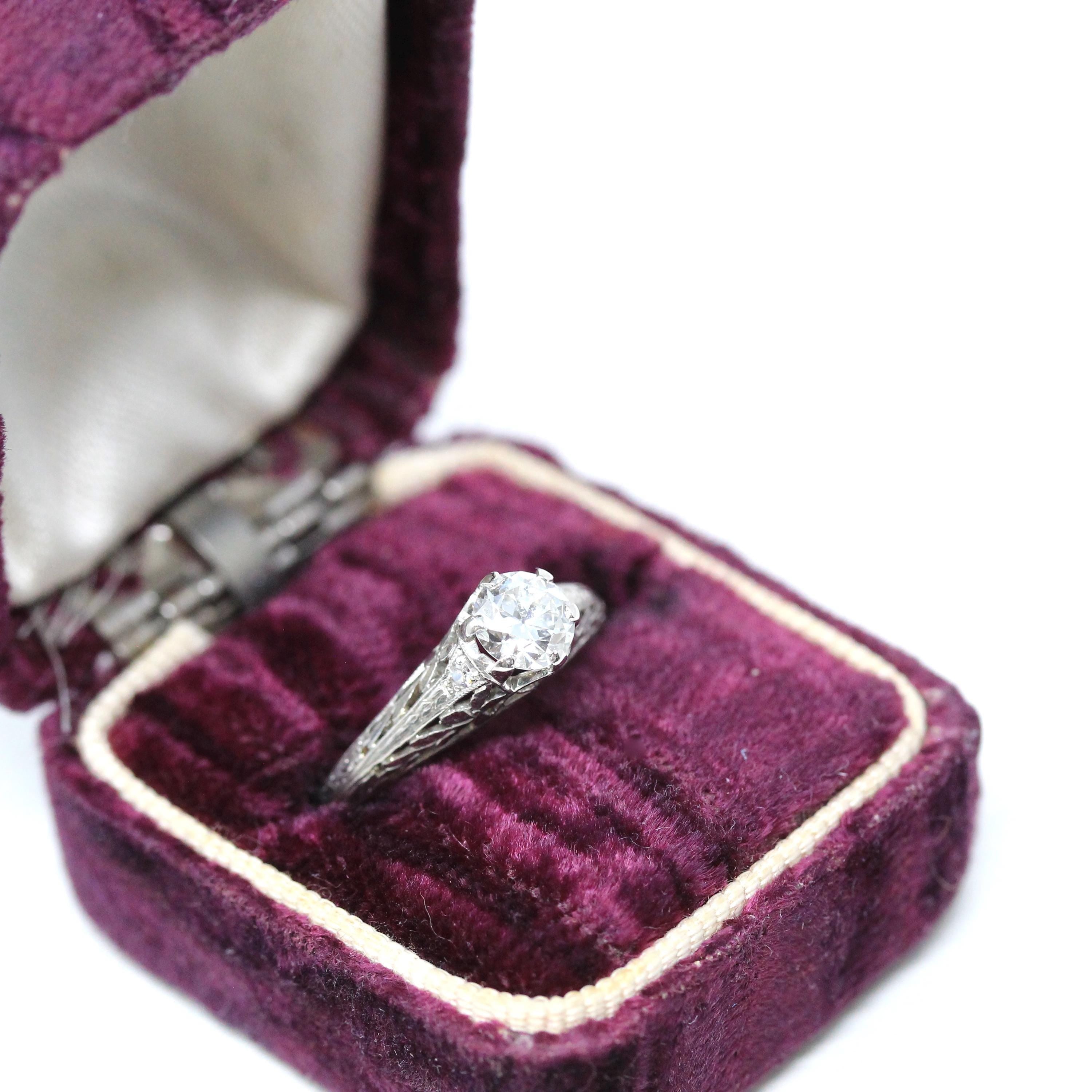 Art Deco Engagement Ring - Platinum Natural .60 CT Old European Diamond - Antique Circa 1920s Era Size 7 Bridal Filigree Fine Report Jewelry